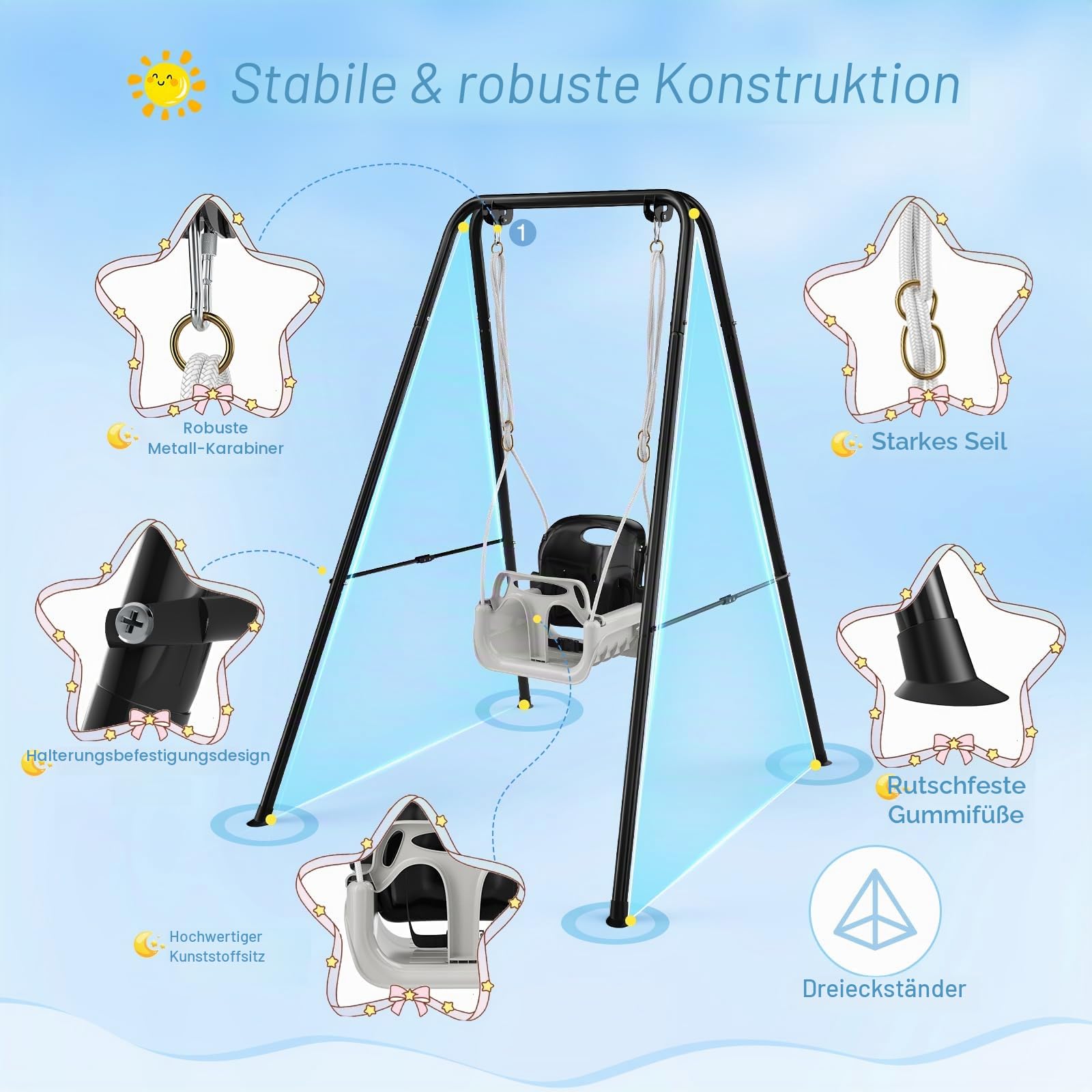 Babyschaukel mit Gestell 2-in-1, Kinderschaukel mit Metallständer Schaukelgestell, Sicherheitsgurt Schaukelsitz für drinnen und draußen Spielen (Schwarz)