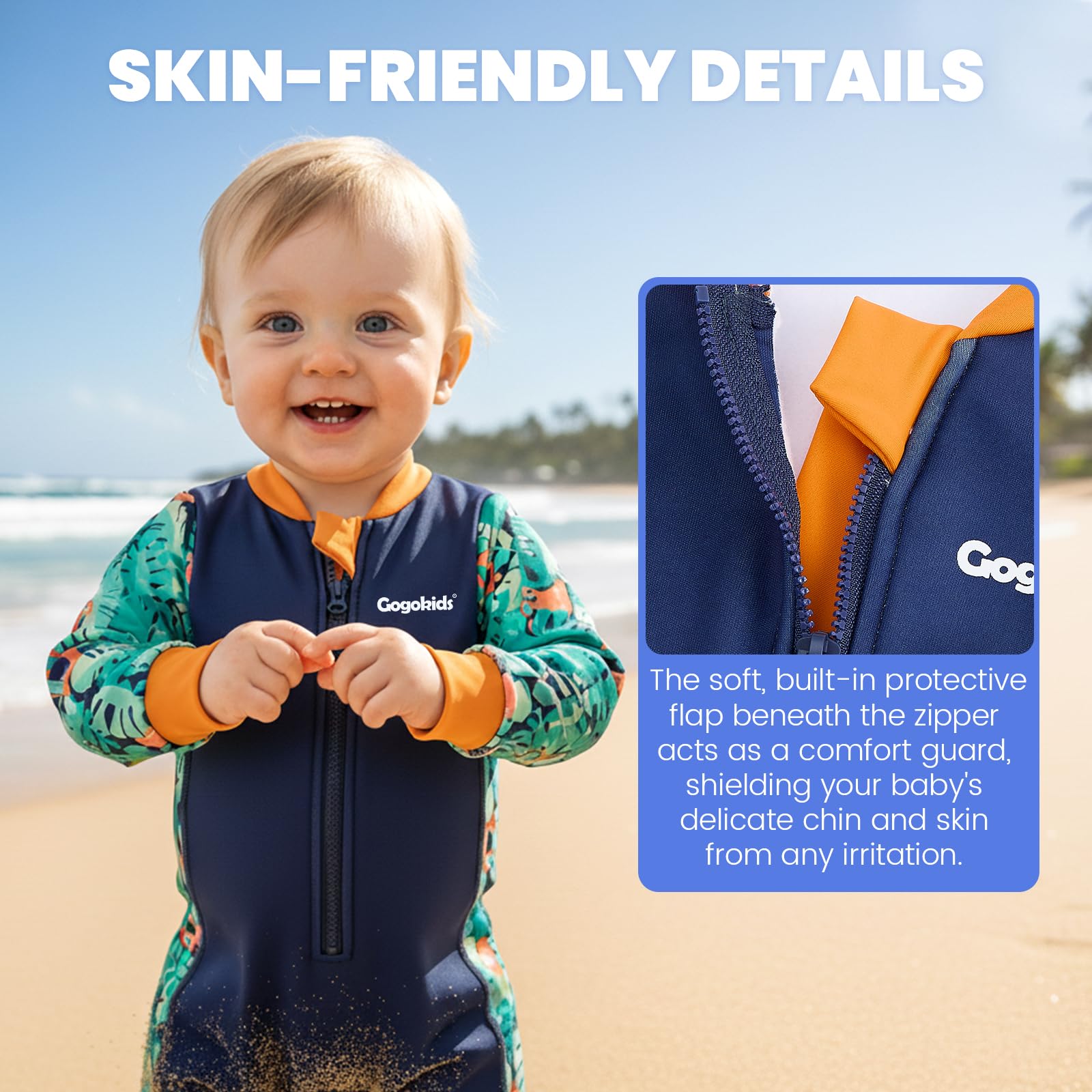 Gogokids Combinaison en néoprène pour bébé de 0 à 3 ans - Maillot de bain thermique - Fermeture éclair à l'avant - Avec doublure en polaire - Manches longues - Protection contre le soleil et la