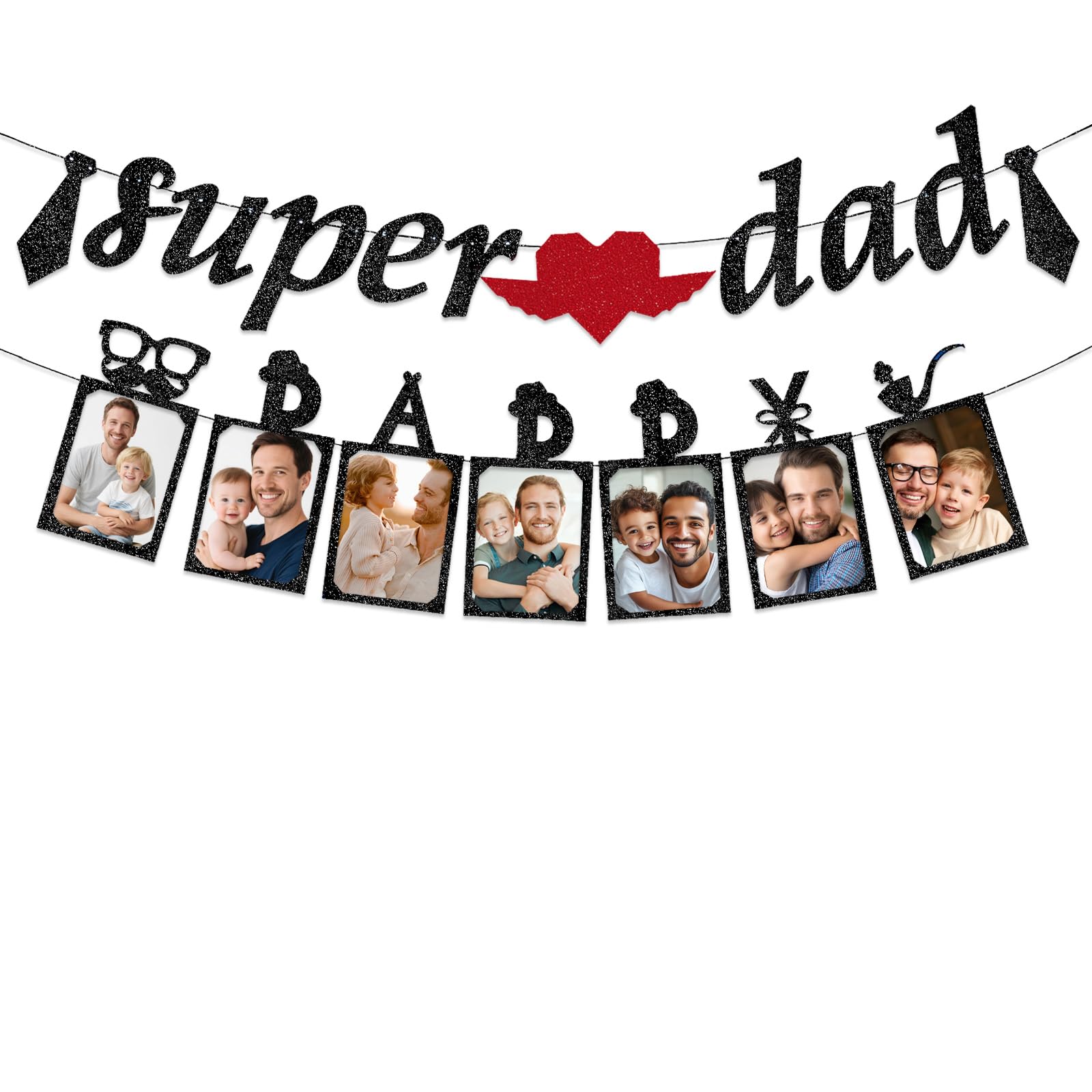 Happy Fathers Day Banner Super Dad Banner Kit Fathers Day Decorations with Black Glitter Sided for Wall Window Door Table Decoration father’s day Gifts Daddy Photo banner