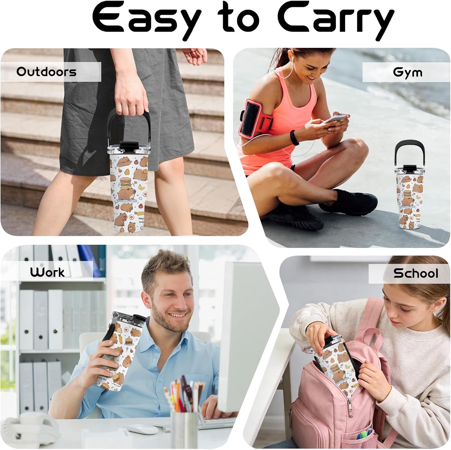 Capybara Tumbler 20 oz with Handle - Cute Animal Water Bottle, Insulated Cup - Unique Gifts for Girls, Kids, Capybara Lovers - Birthday Christmas Gift - Image 6