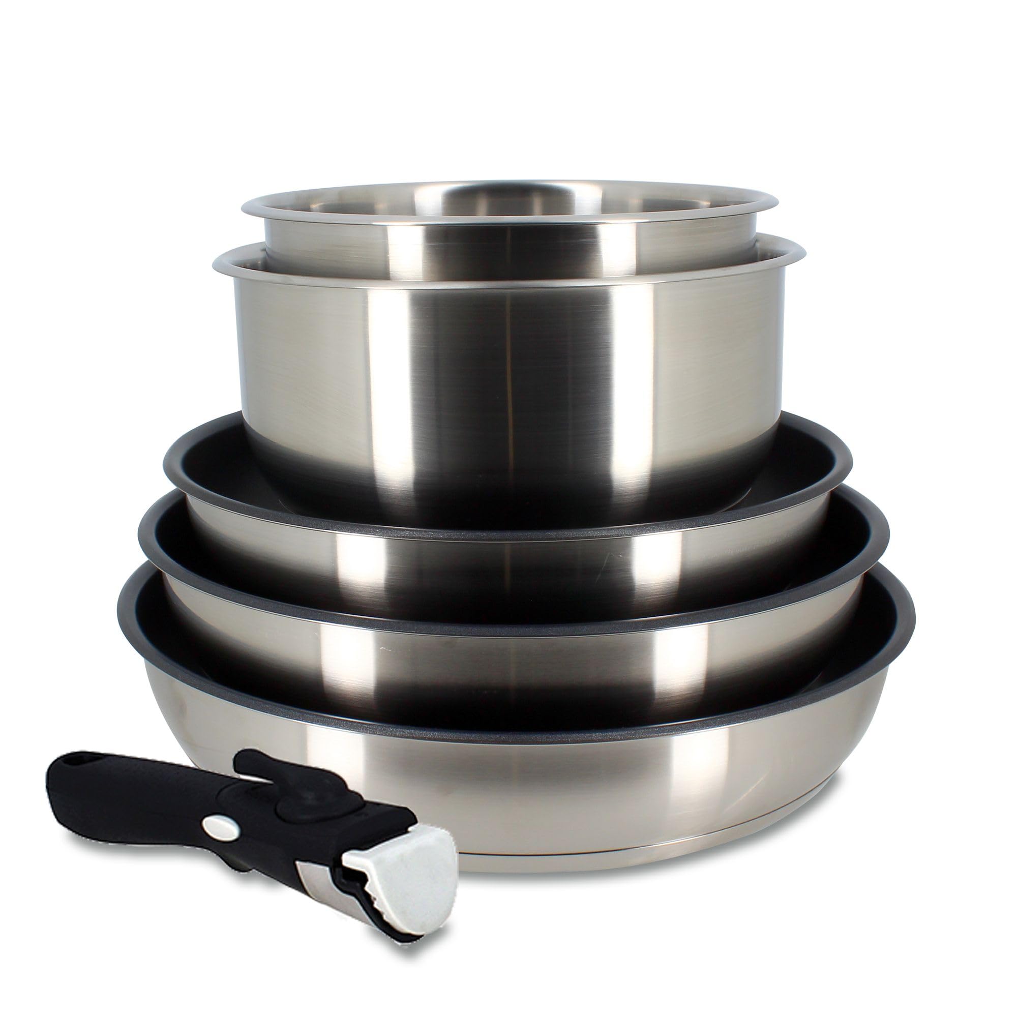 MENASTYL - Batterie de cuisine amovible 6 pièces en inox IRIS - 3 poêles + 2 casseroles + poignée amovible sécuritaire - Tous feux dont induction - Acier inoxydable - Sans PFOA/Sans BPA - 7930018