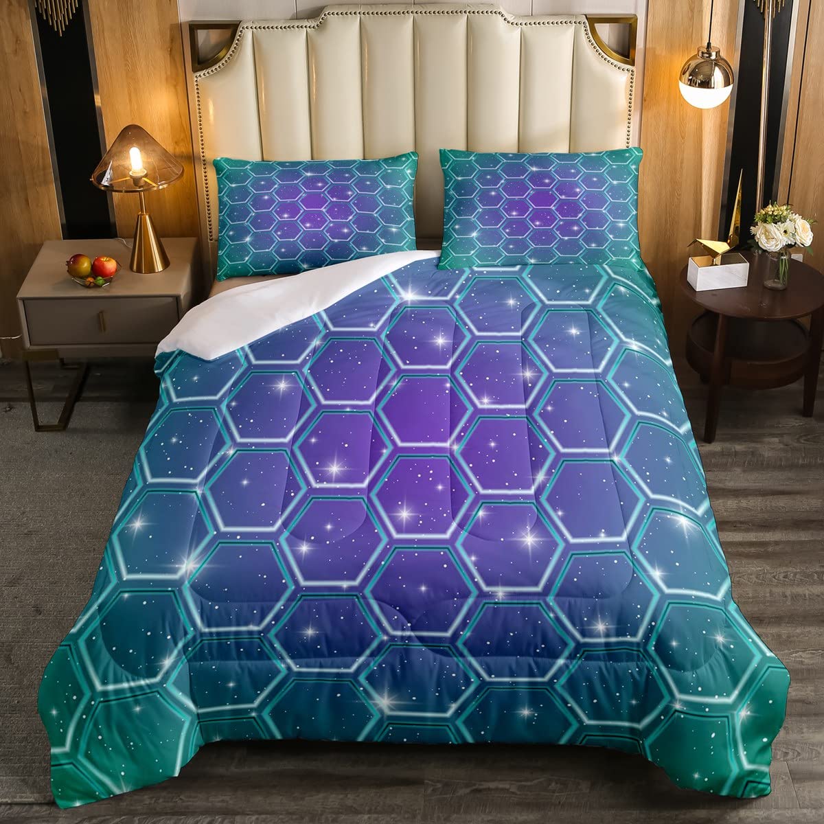 Honeycomb Hexagonal for Kids Boys Girls Beehive Geometrical Duvet Insert Galaxy Purple Cyan Bedding Set Single Size Warm Insert