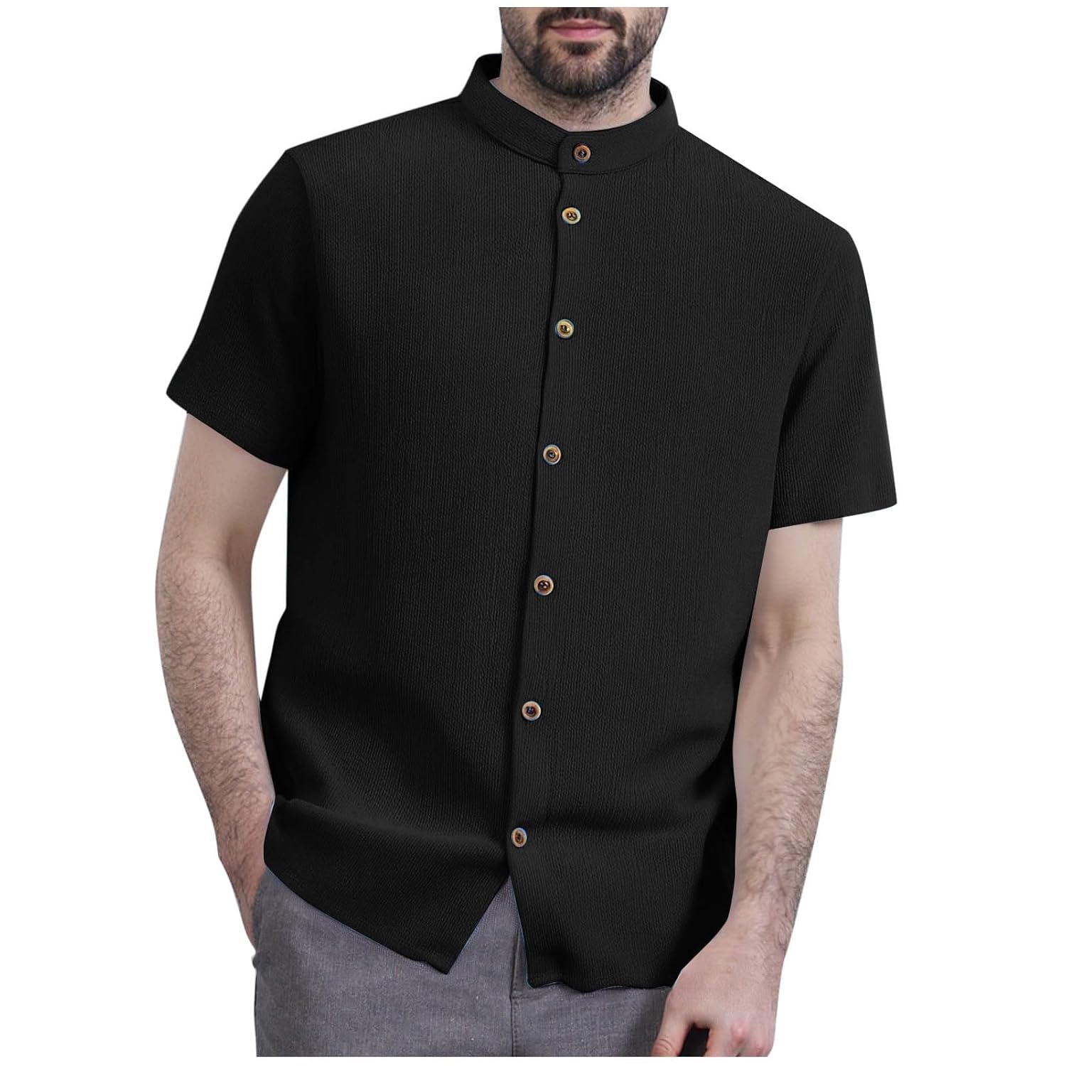 Mens Banded Collar Dress Shirts Short Sleeve Button Down Mandarin Collar Shirt Solid Casual Summer Vacation Tops