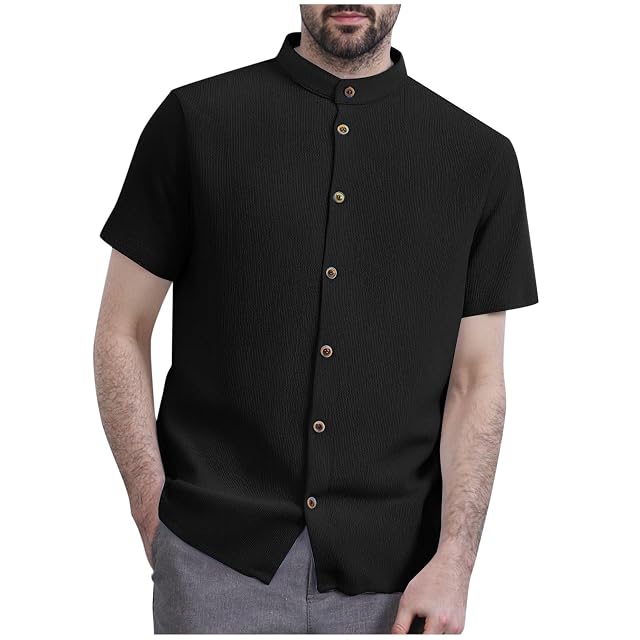 Mens Banded Collar Dress Shirts Short Sleeve Button Down Mandarin Collar Shirt Solid Casual Summer Vacation Tops