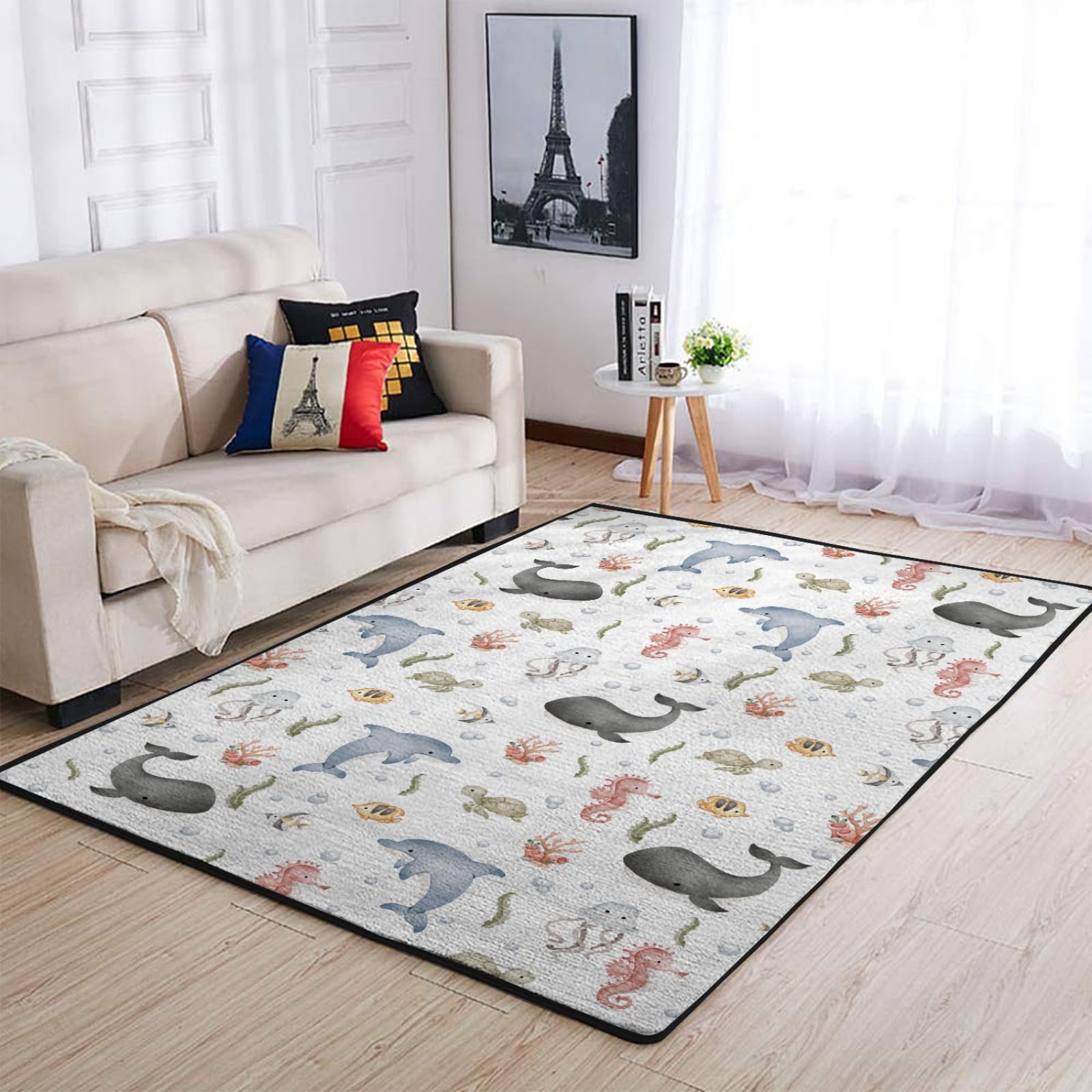 Colorful Sea World Throw Carpet Whale Dolphin Jellyfish Sea Horse Turtle Fish Coral Area Rugs Kids Toddler Nursery Bedroom Decor Floor Carpet for