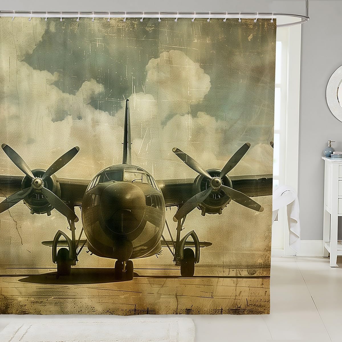Erosebridal Old Soviet Tank Shower Curtain Vintage Tank of World War II Running On The Grass Bathroom Shower Curtain Sets, Running Tank in Rays of Sun Fabric Shower Curtain 72" Wx78 L