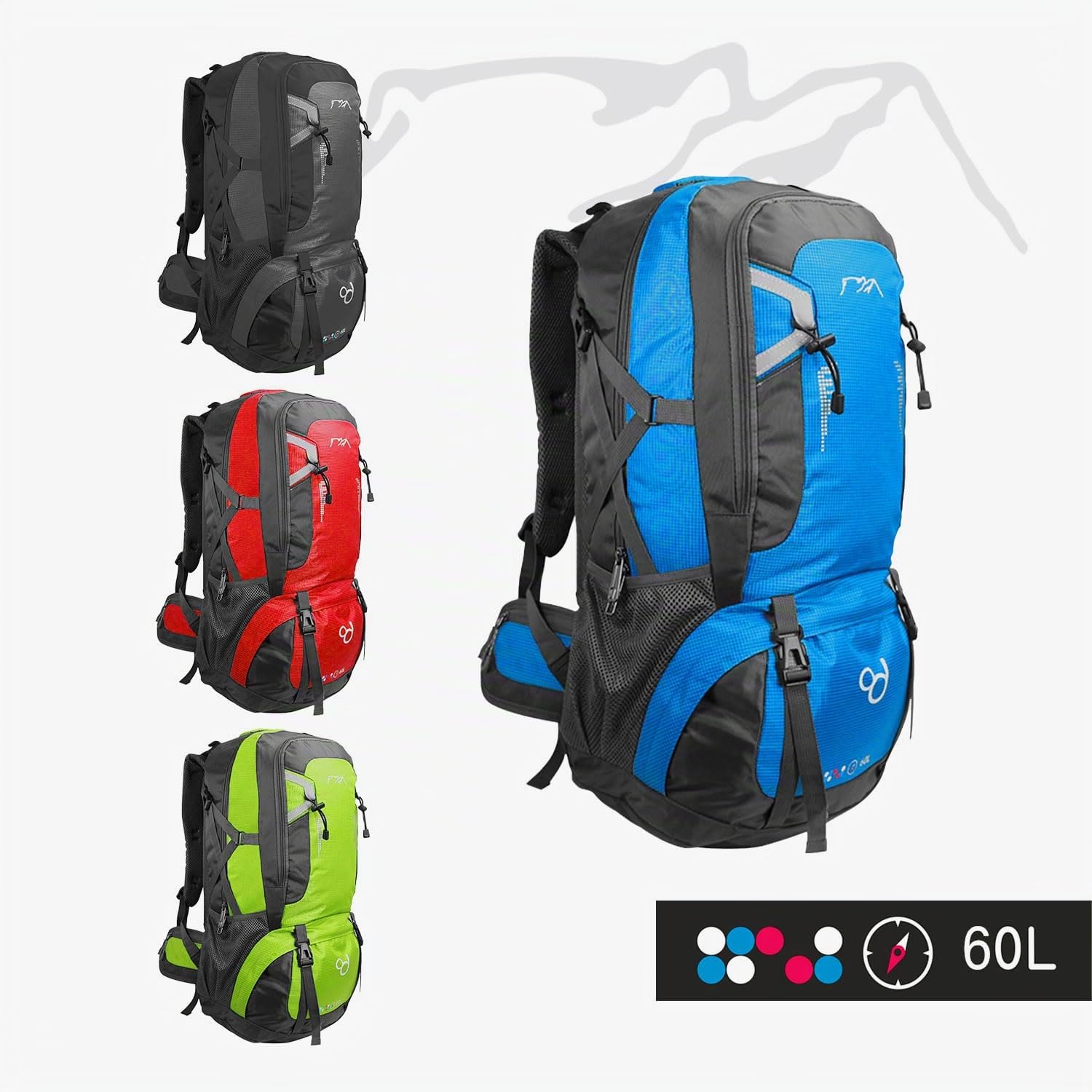 OcioDual Zaino Trekking 60 Litri Blu, Zaino Montagna Leggero Impermeabile Pieghevole, Zaini Campeggio, Escursionismo, Attraversamenti, Backcountry, Walking, Sport