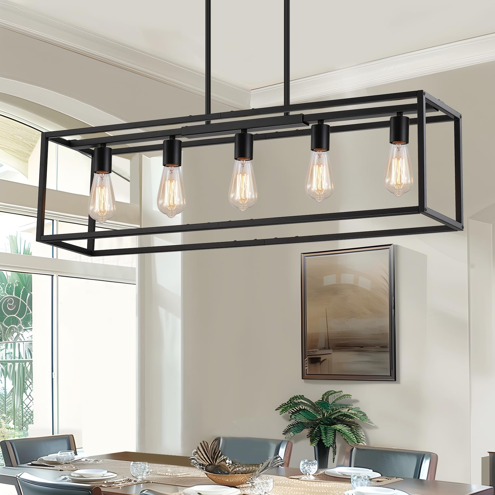 5-Light Dining Room Light Fixture Black Farmhouse Kitchen Island Lighting Rustic Pendant Light Over Table with Adjustable Rods