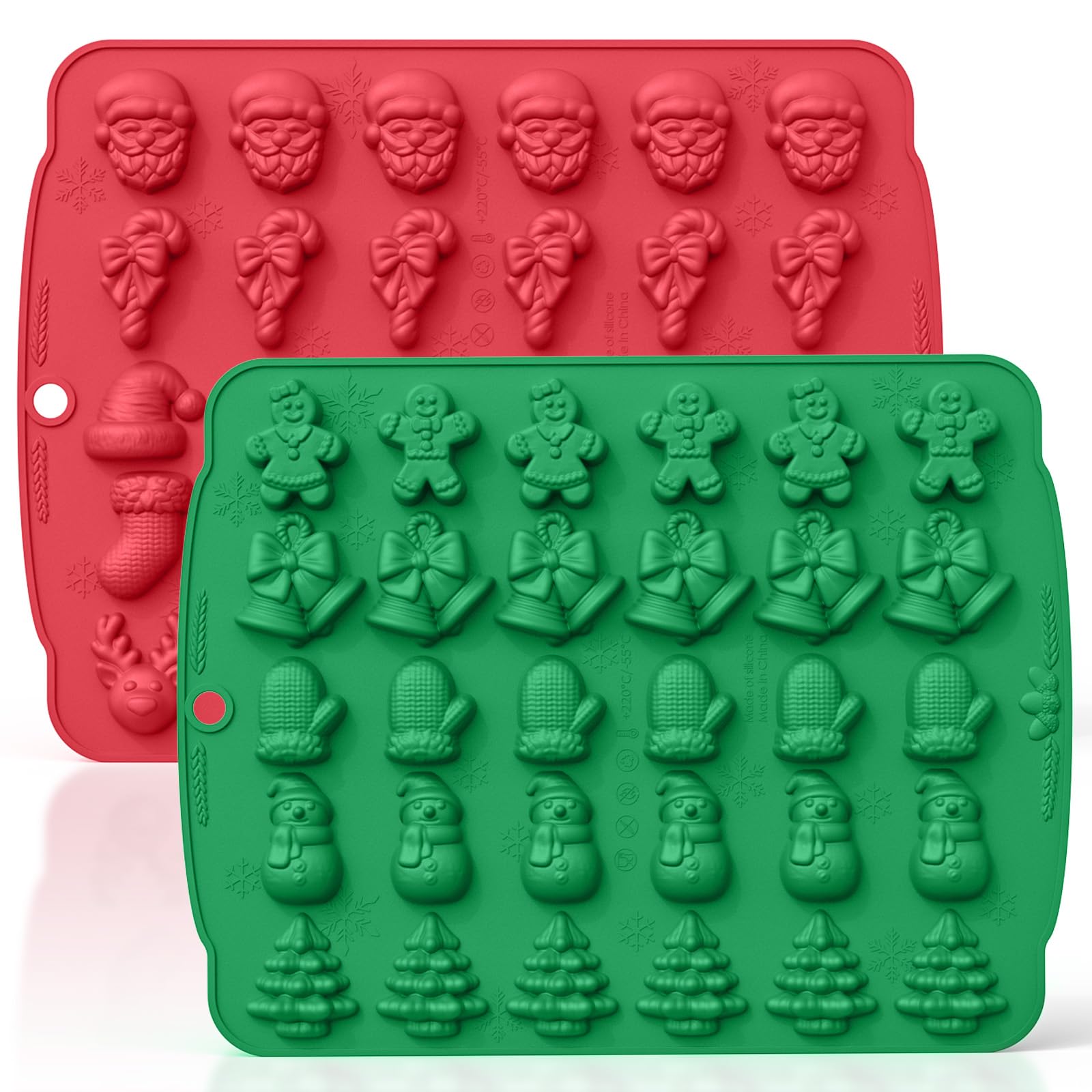 HKNMTT Christmas Silicone molds for Xmas Candy Chocolate Wax Decor, 60 Cavity 11 Shapes Gummy Mould, Including Tree Santa Cane Hat Socks Elk Gingerbread Man Bell Glove Snowman Food Grade DIY Set