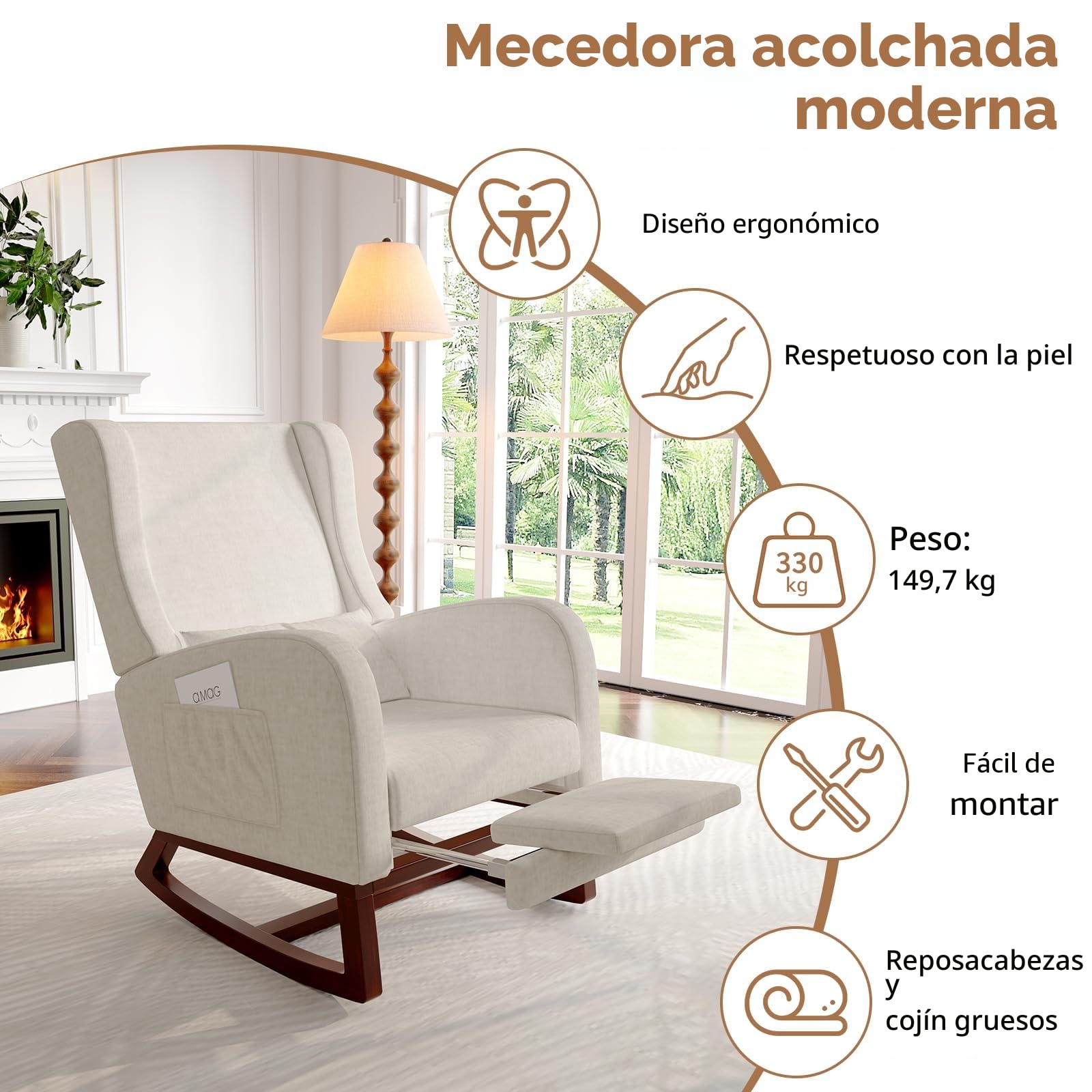 Mecedora para relajarse, sillón balancín, Silla de lactancia, silla basculante con lana de oveja y cojín lumbar y 2 bolsillos laterales,cómoda sillaa de lectura para salón o dormitorio (Beige)