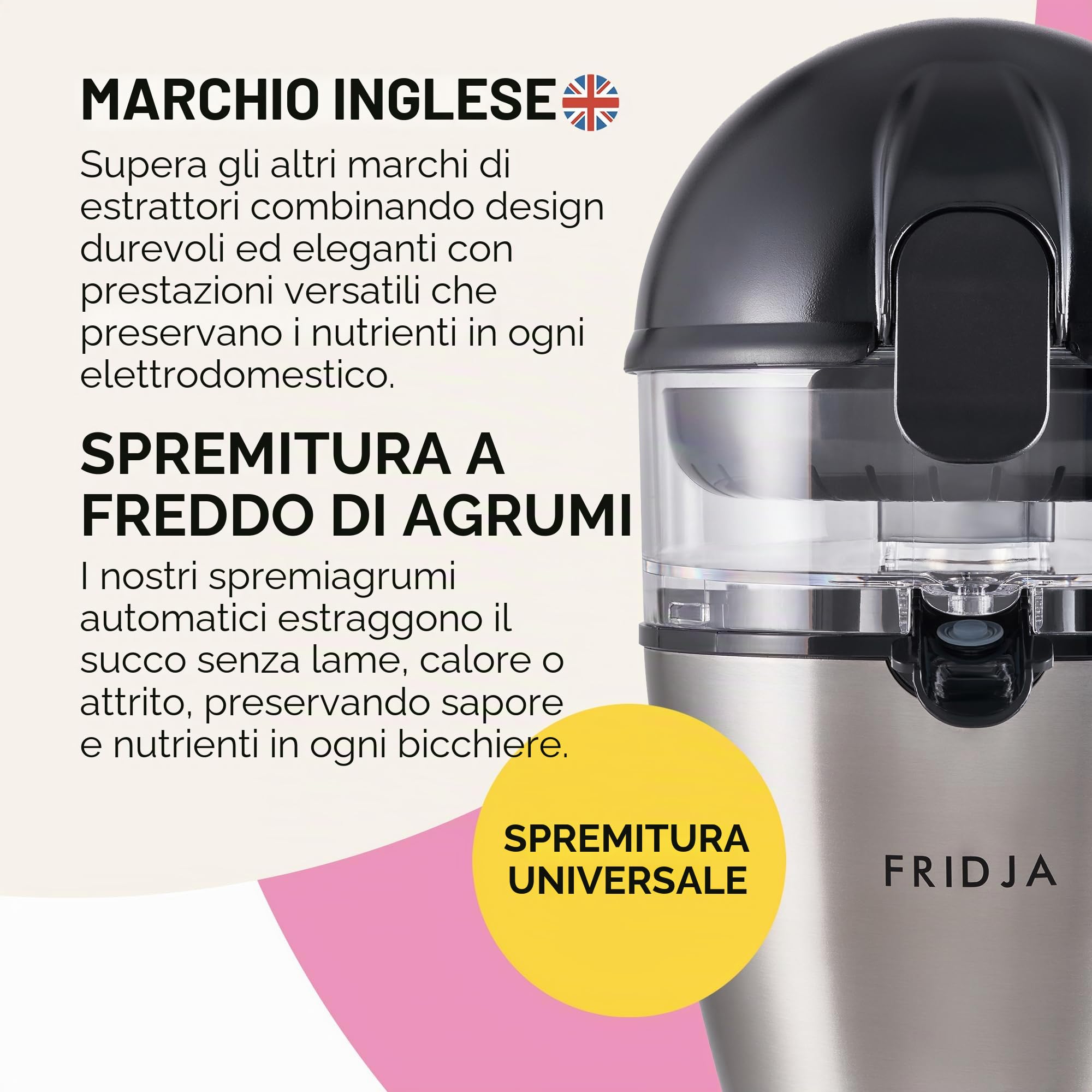 Spremiagrumi automatico (un pulsante per funzionare), senza fuoriuscite, senza schizzi, facile da pulire, spremiagrumi per succo appena spremuto, in acciaio inox, 50 W, 400 ml, Fridja f900