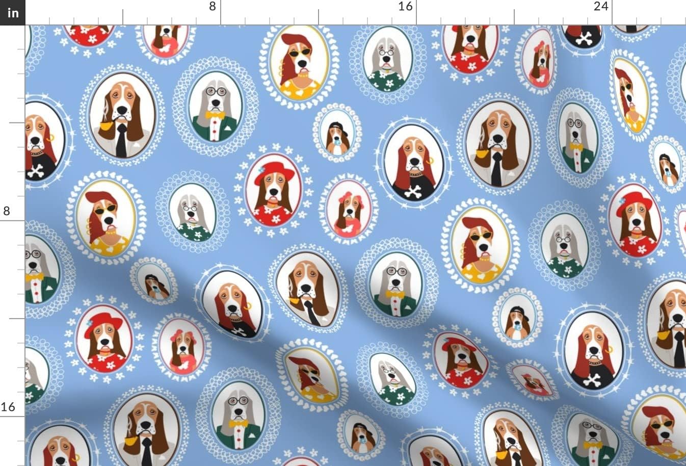 Spoonflower Fabric - Basset Family Portraits Blue Dogs Frames Hound Fun Printed on Upholstery Velvet Fabric Fat Quarter - Upholstery Home Decor Bottomweight Apparel