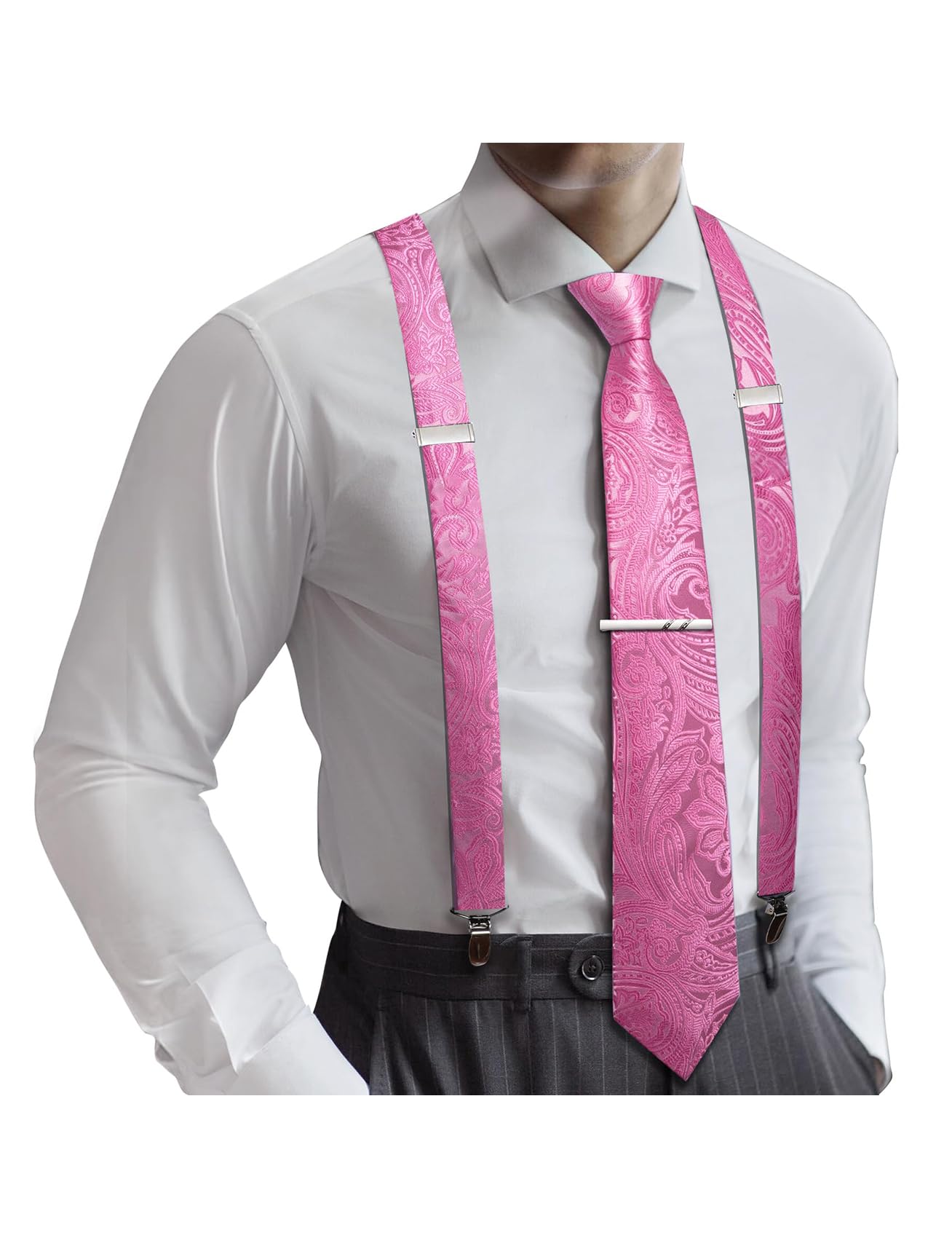 Barry.Wang Men Suspender Tie Sets Elastic Heavy 6 Clips Hanky Cufflink 5PCS | Classic Suspender Set for Man Necktie Y Type Adjustable Heavy Duty 6 Clips Braces Pocket Square Cufflinks Party
