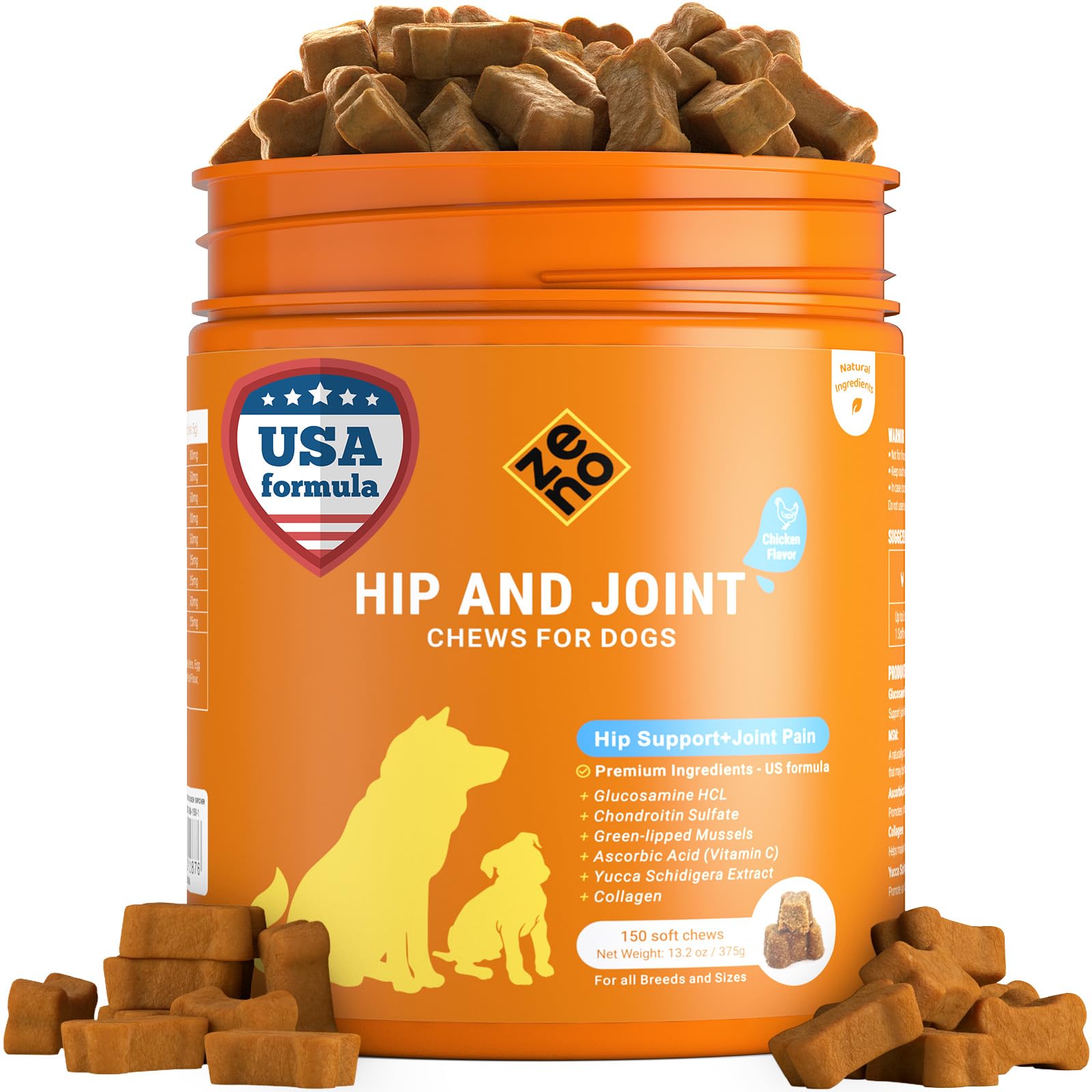ZENO Glucosamine HCL & Hip and Joint Chews for Dogs - 150 pcs - Advanced Hip and Joint Support for dogs -With MSM & Green Lipped Mussel - Chicken