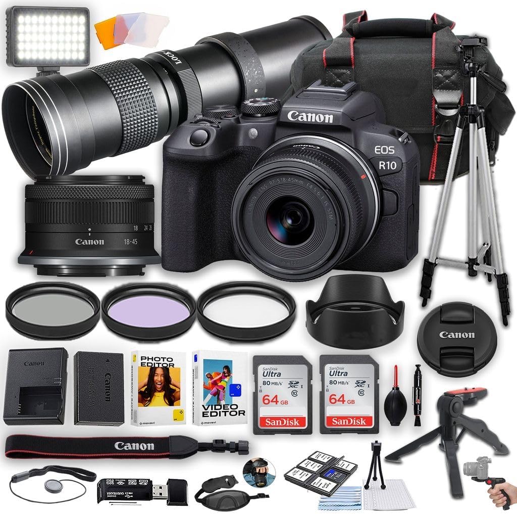 Canon EOS R10 Mirrorless Camera + Canon 18-45mm is STM Lens + 420-800mm Telephoto Lens + LED Light + 128GB Memory + Filters + Tripod Kit & More (35 pc Bundle) (Renewed)