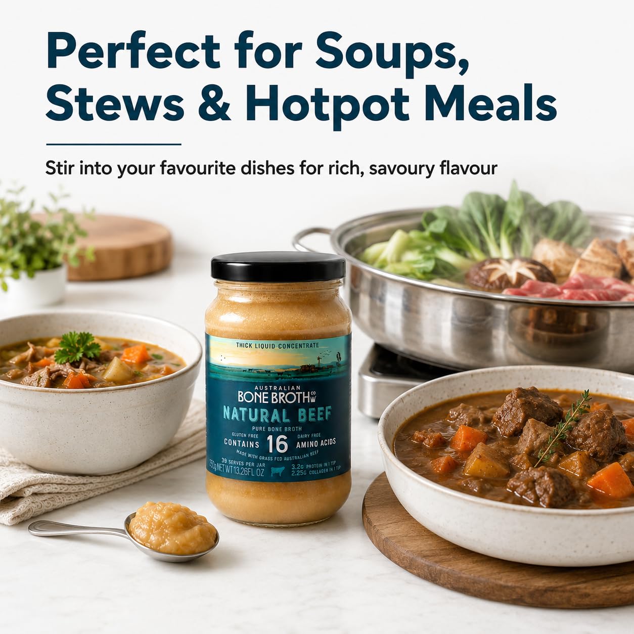 Brodo australiano di manzo concentrato - Bevanda istantanea di brodo di ossa naturale - Senza glutine e latticini - Ideale per zuppe, brodo, brodo da bere - Barattolo di 375 g