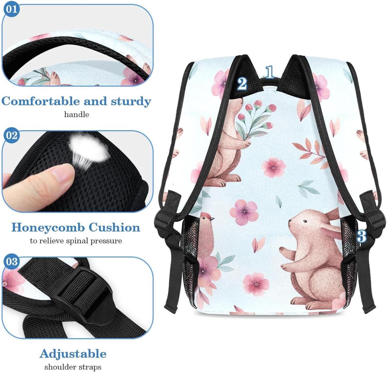 [suojapuku] 軽量バックパック筆箱コンビネーション、ブックバッグペンポーチ、ステーショナリーバッグ、ピンクの鳥とウサギ印刷