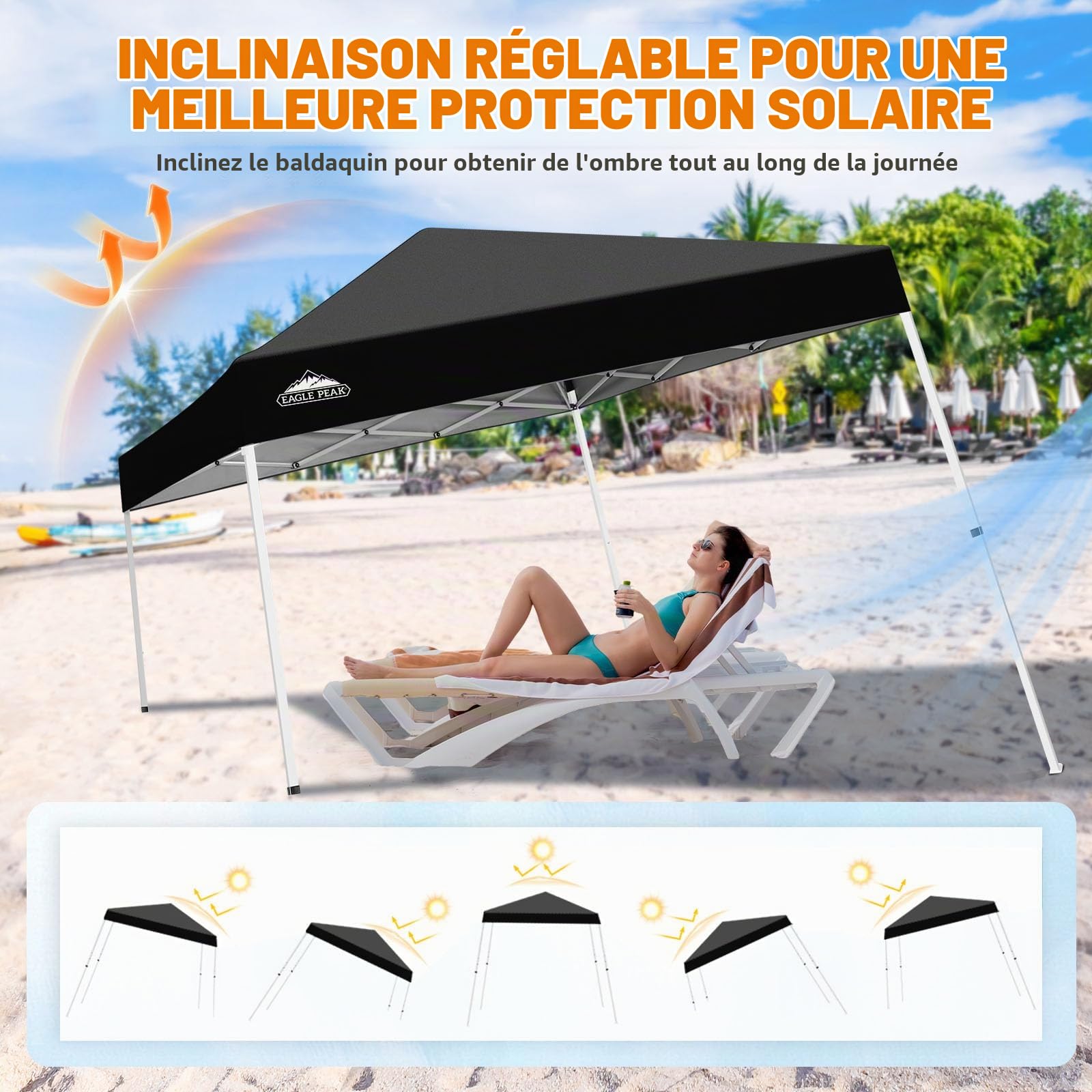 EAGLE PEAK Tonnelle Pop-up à Jambes inclinées 3x3 m, Montage Facile pour Une Personne, abri extérieur instantané pour Plage et Sport, Pliable et Portable, Base 3x3 m, Sommet 2,4x2,4 m (Noir)
