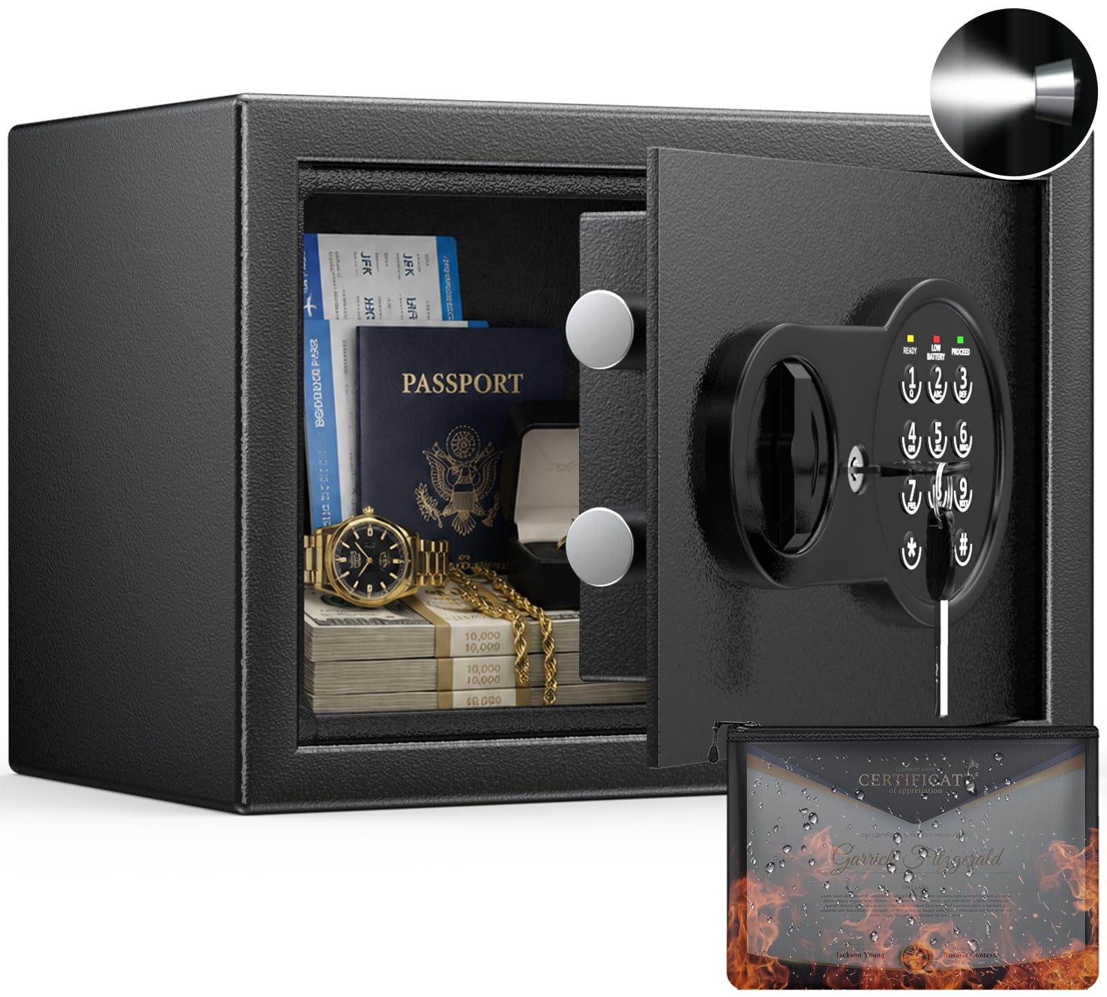 Photo 1 of **scratch damage**Mitlvge 0.5 Cu Ft Mini Safe Box with Fireproof Document Bag, Money Safe with Keys & Pass Code & Wall Mount Kits, Small Safes with Smart Alert System for Money, Jewelry, and Documents?2026 New?
