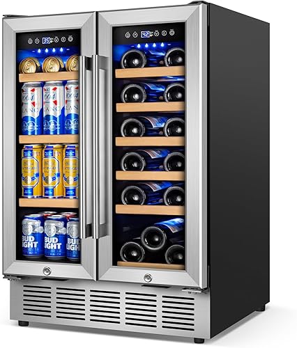 Miniatura 16 de Refrigerador de vino y bebidas, enfriador de bebidas de 24 pulgadas, doble zona con puerta de vidrio, refrigerador de bebidas debajo del mostrador