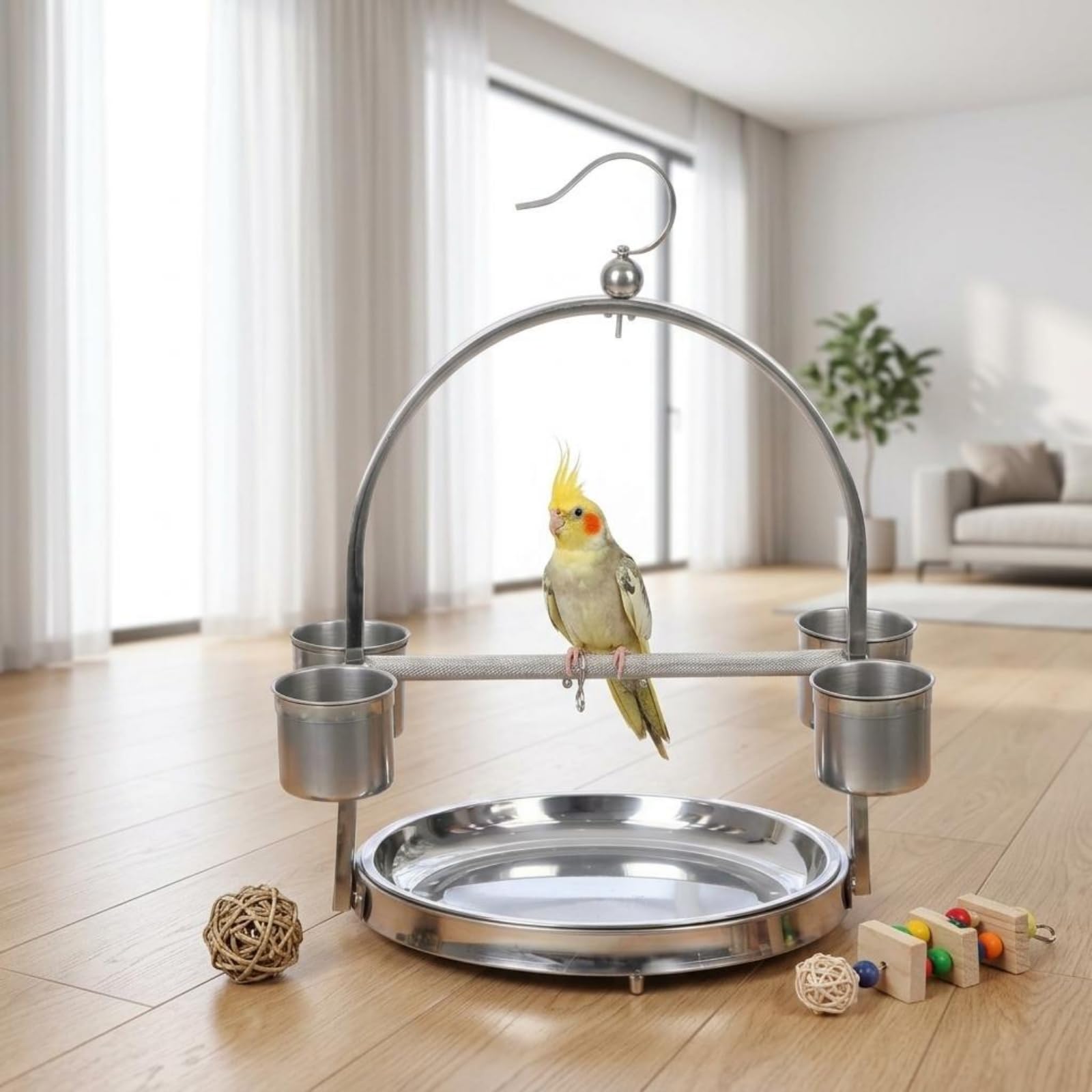 Soporte para Aves Cuatro Recipientes Barra Horizontal Soporte para Aves Acero Inoxidable Acabado Pulido, Mediano