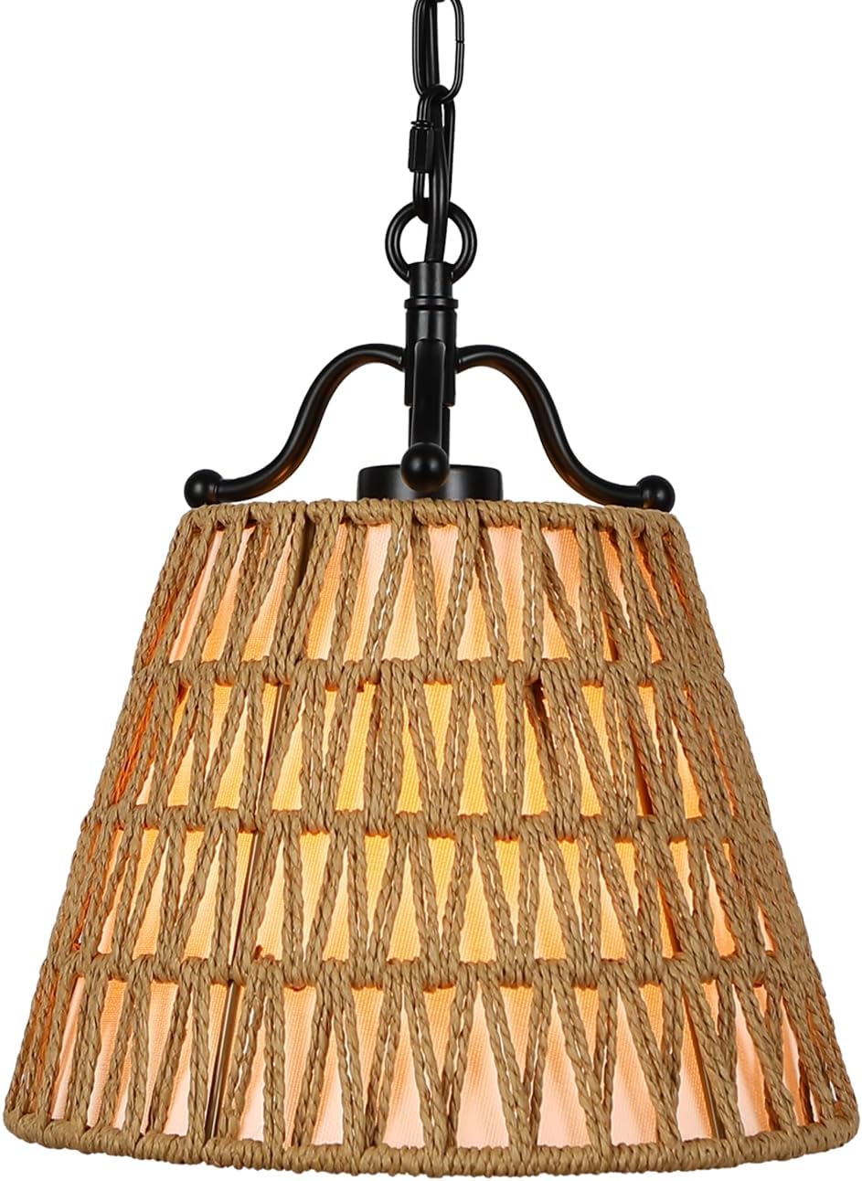 9.84” Boho Rattan Pendant Light for Kitchen Island Mini Modern Vintage Farmhouse Pendant Light Fixture Hand Woven Bamboo Wicker Pendant Lights, Dining Room, Bedroom, Hallway, Entryway, Bars