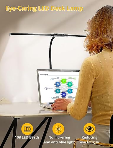 Miniatura 6 de Lámpara de escritorio con doble cabezal y puerto de carga USB dual inteligente de 10 W, 5 modos de color, luz de lectura regulable, 2600 lúmenes, 12