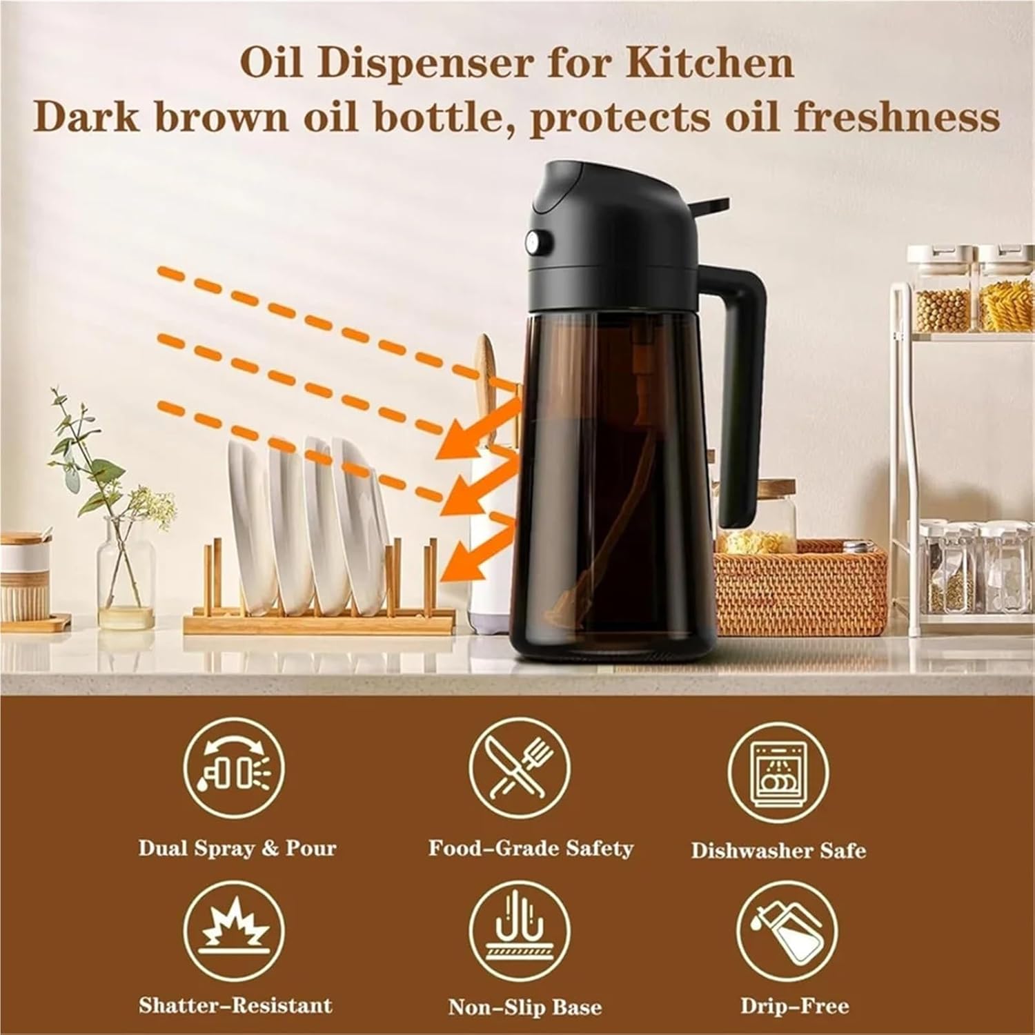 Oil Spray Bottle, 2-in-1 Glass Oil Dispenser Sprayer 470ml Bottle Cooking BBQ Baking Salad,for Salad Making, Baking(Green)