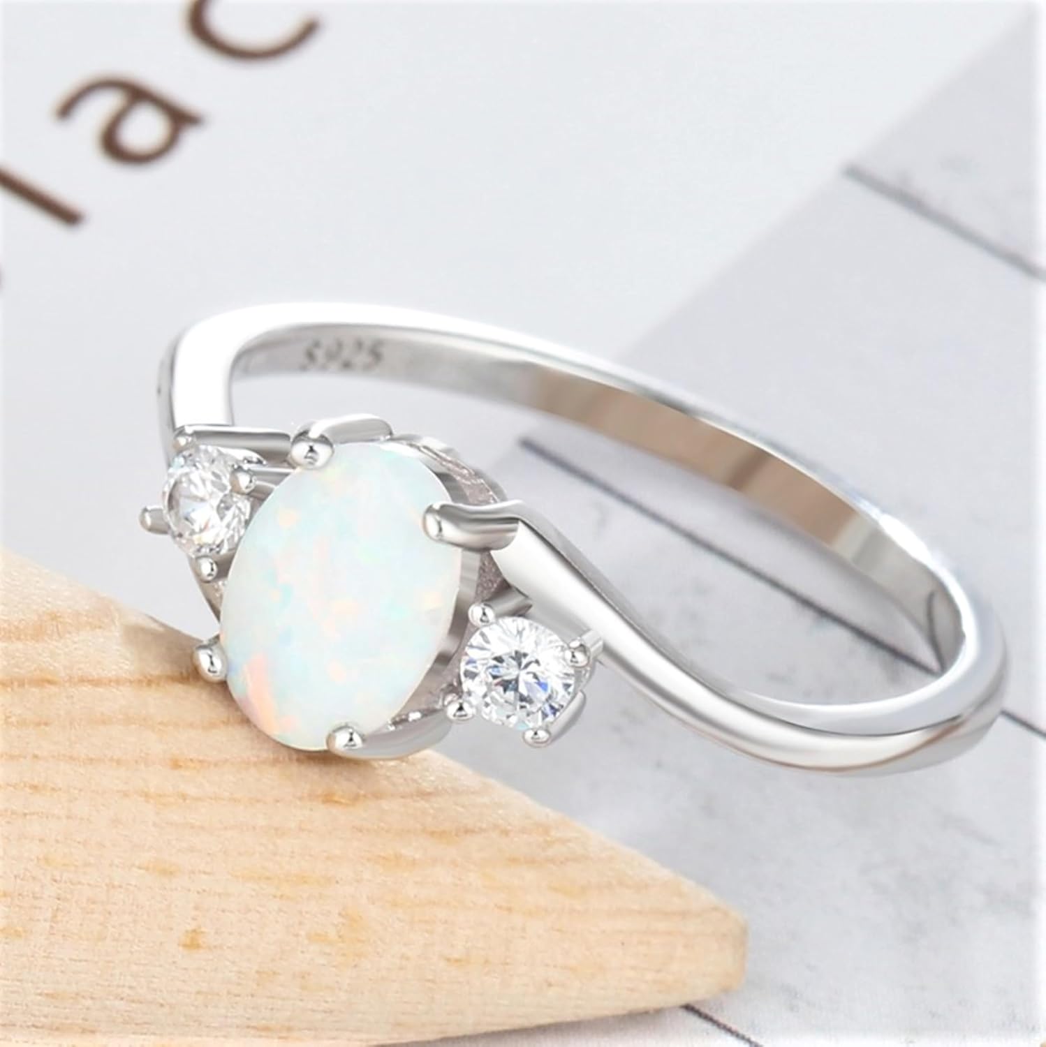 925 Sterling Silver Geometric Ring for Her, Gemstone Birthstone White Opal CZ Ring Dainty Promise Rings Gifts for Women