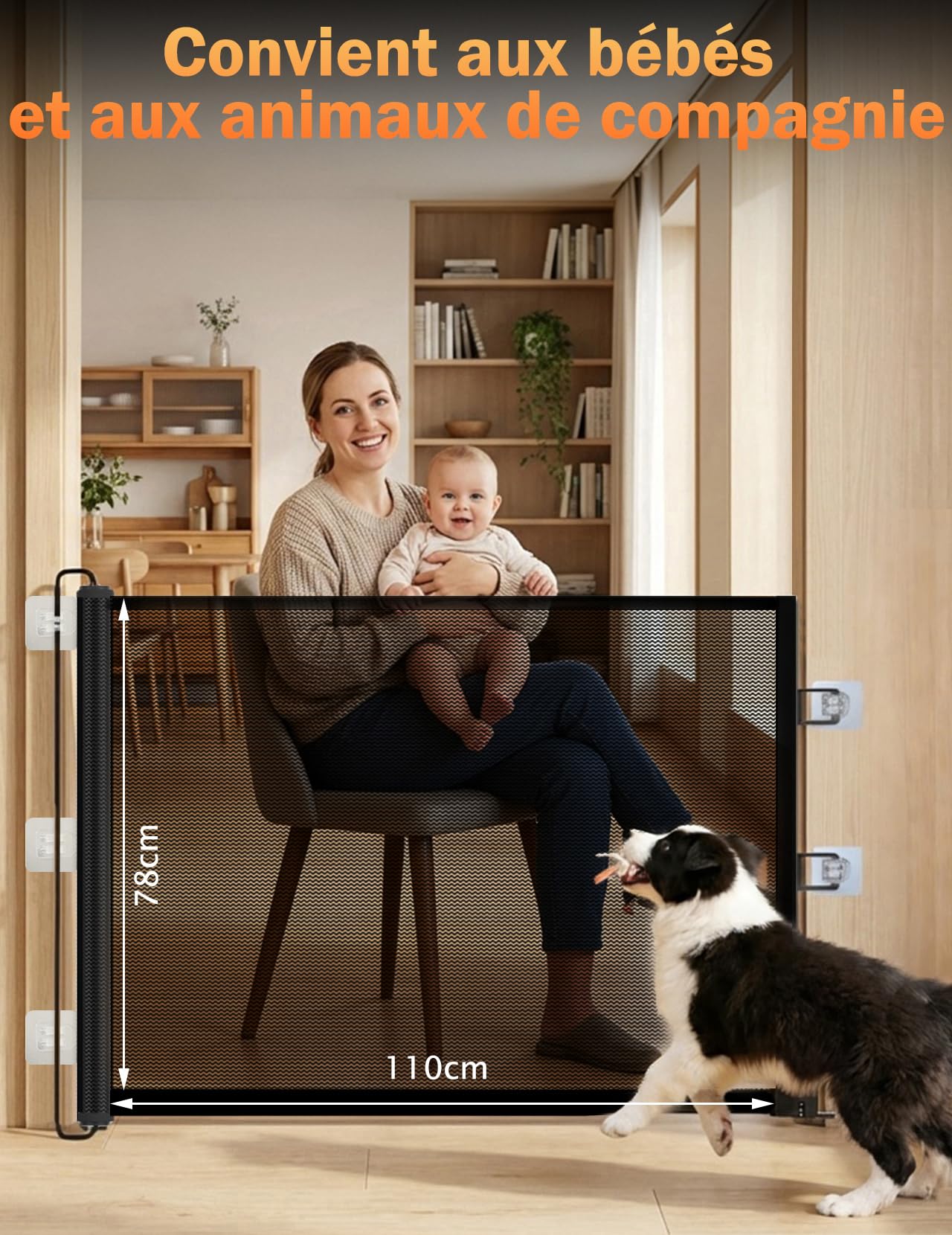 Barrière de Sécurité Chien et Enfant Rétractable Extensible (Noir, Épaisseur 110cm)