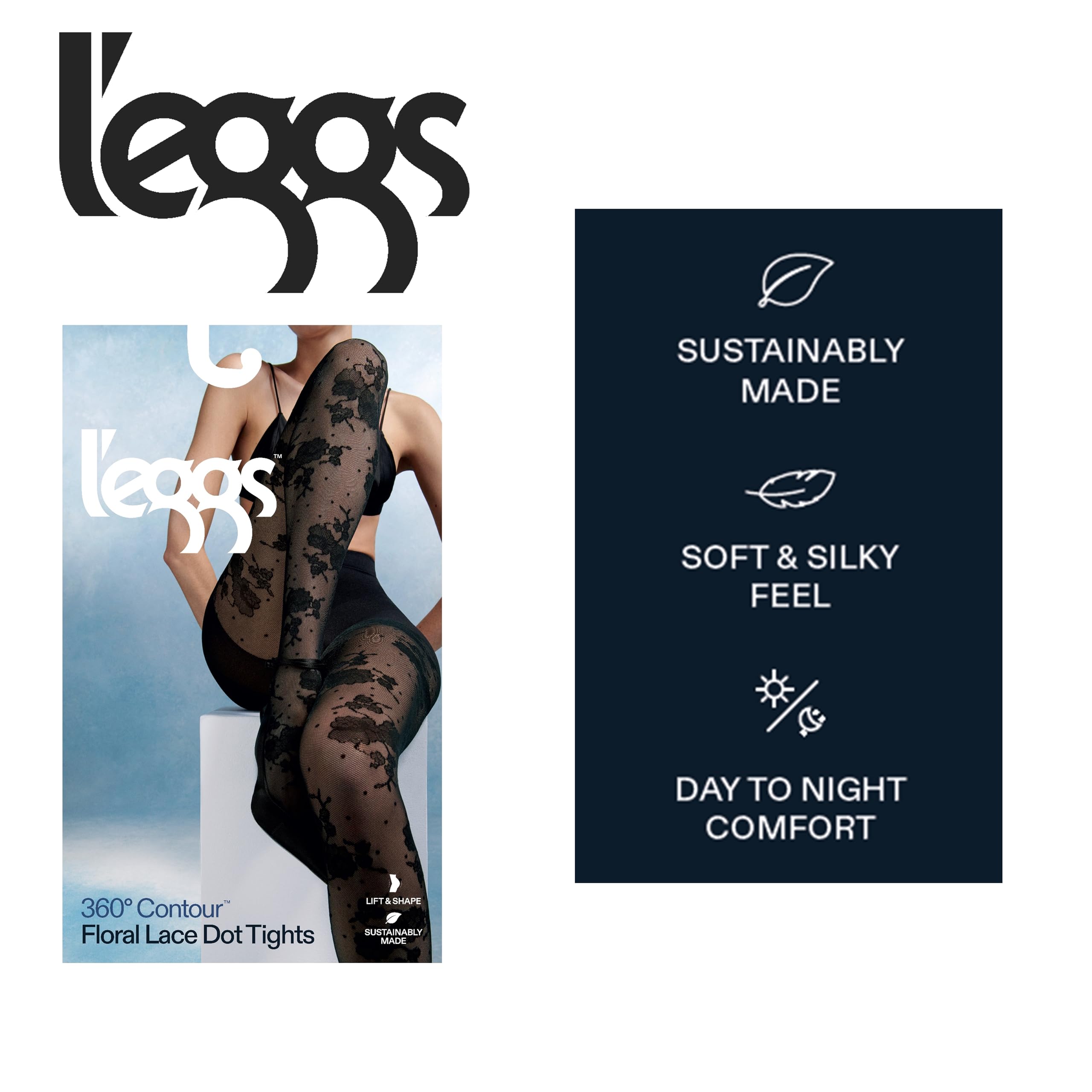 L'eggs 360-Grad-formende Damenstrumpfhose für geformten Stil und Komfort, schwarze florale Spitze mit Punkten