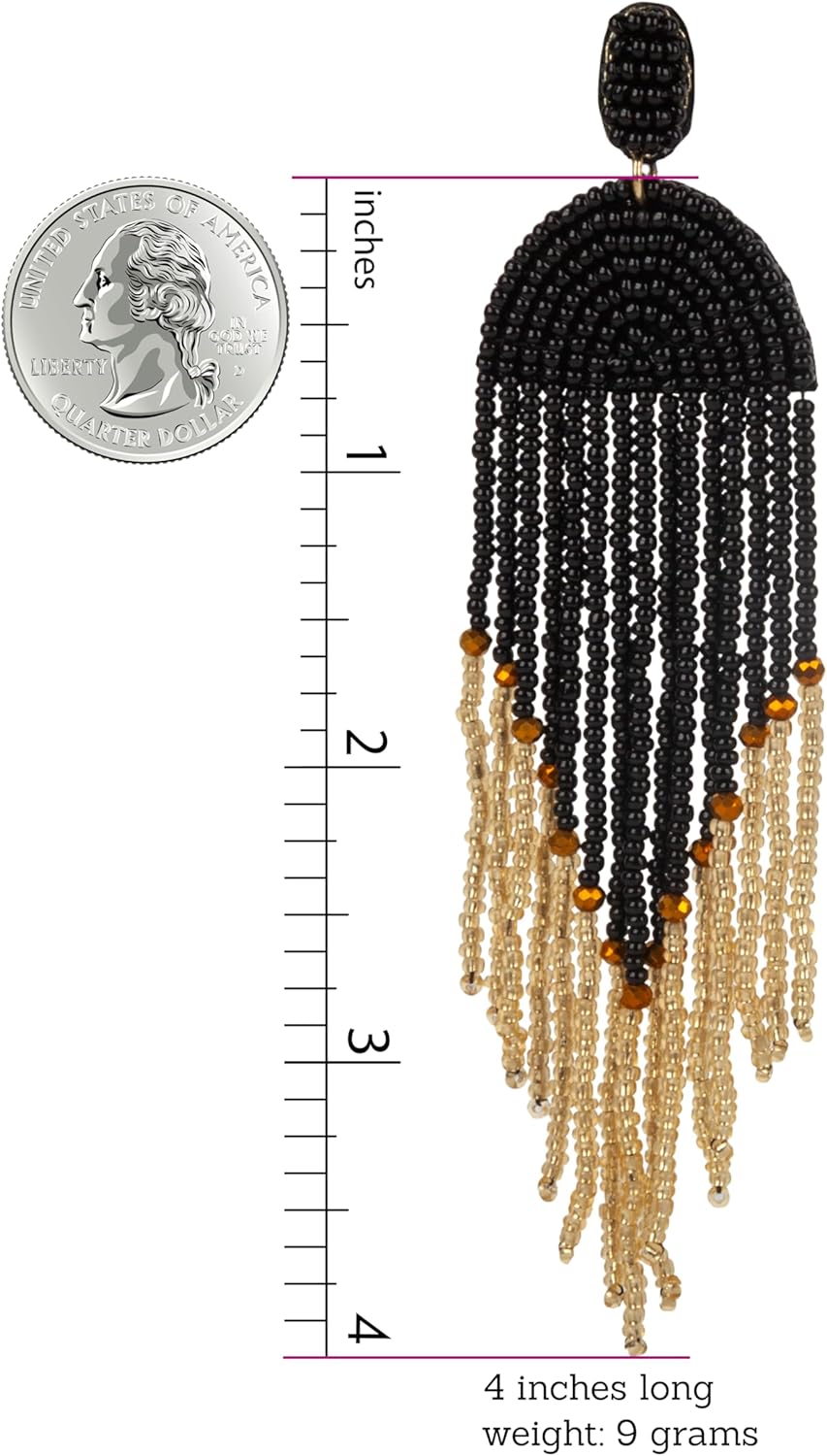 SPUNKYsoul Handmade Beaded Boho Earrings, Ombre Mixed Metallic Seed Bead Long Fringe Statement Earrings, Jewelry for the Modern Bohemian Women (BLACK & GOLD) - Image 3