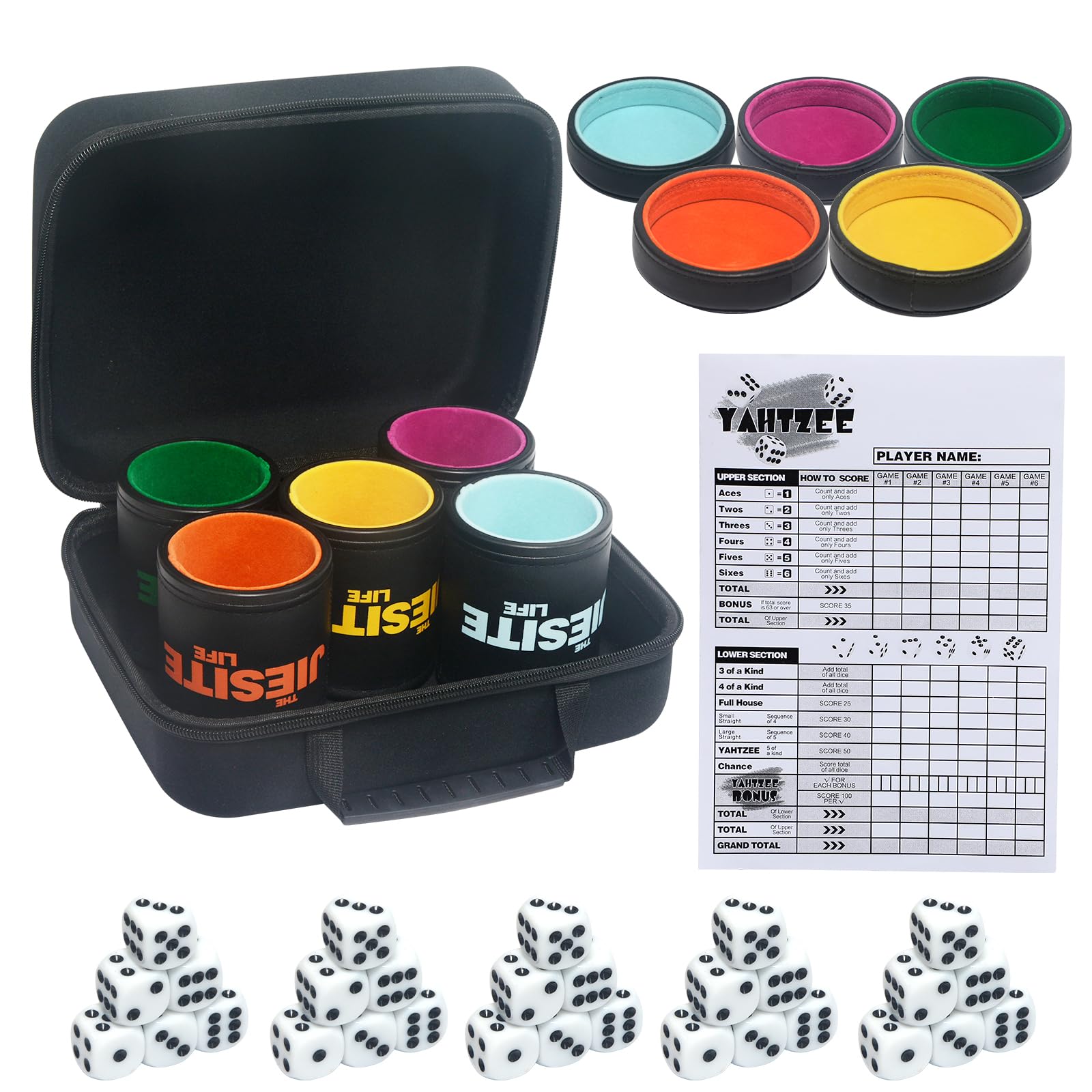 Juego de dados de cuero con forro silencioso y 5 tazas de dados con tapa y 30 dados acrílicos, estuche exclusivo de almacenamiento y transporte para viajes, juego Yahtzee, dados clásicos Farkle (mixto