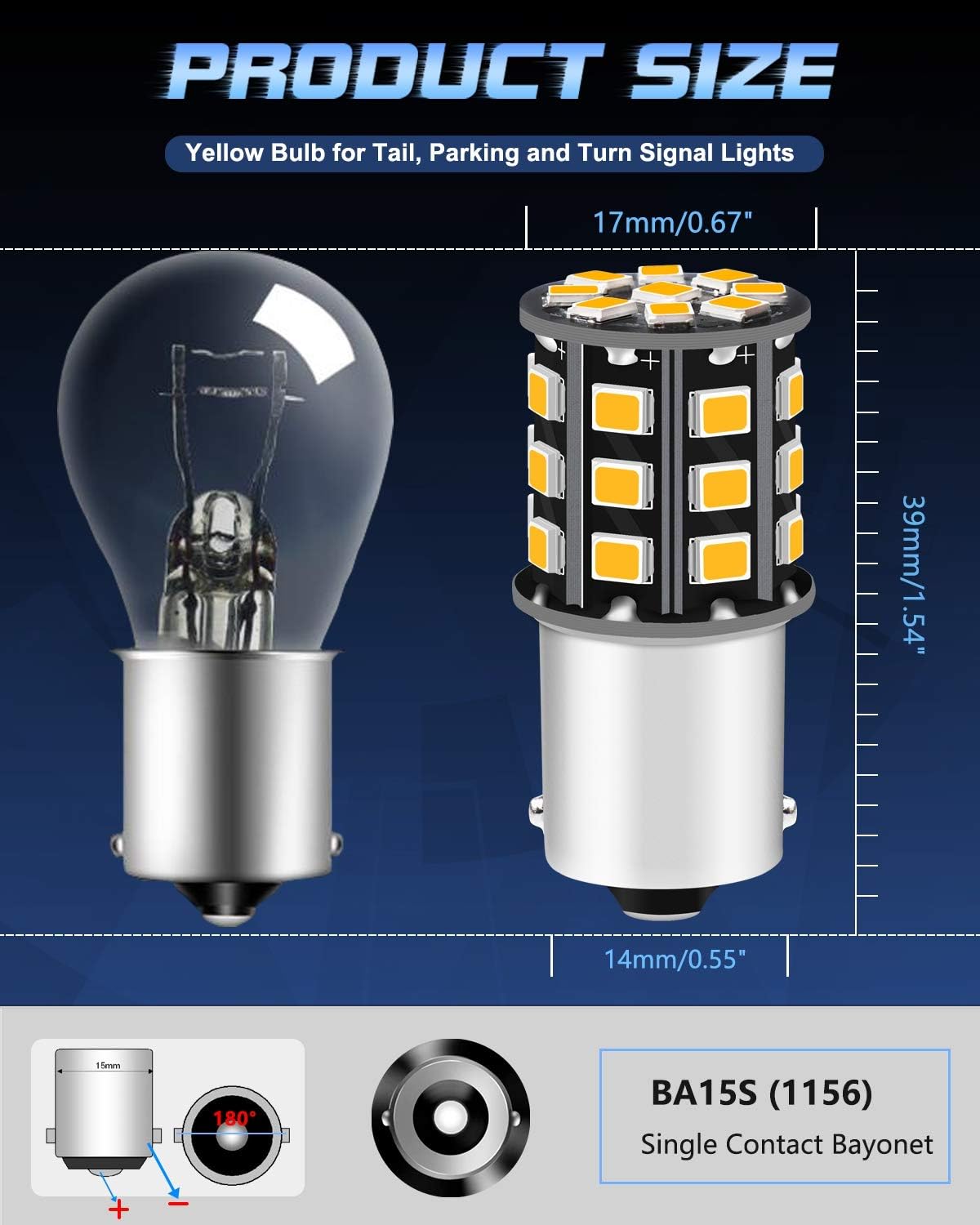 ALOPEE 1156 LED Bulb Amber Yellow, Extremely Bright 1156 LED Turn Signal Bulb for 1156 1141 1003 BA15S Traditional Lamp Tail Parking Lights, Turn Signal Light 33SMD 2835 Chips, DC/AC 12-24V, Pack of 2