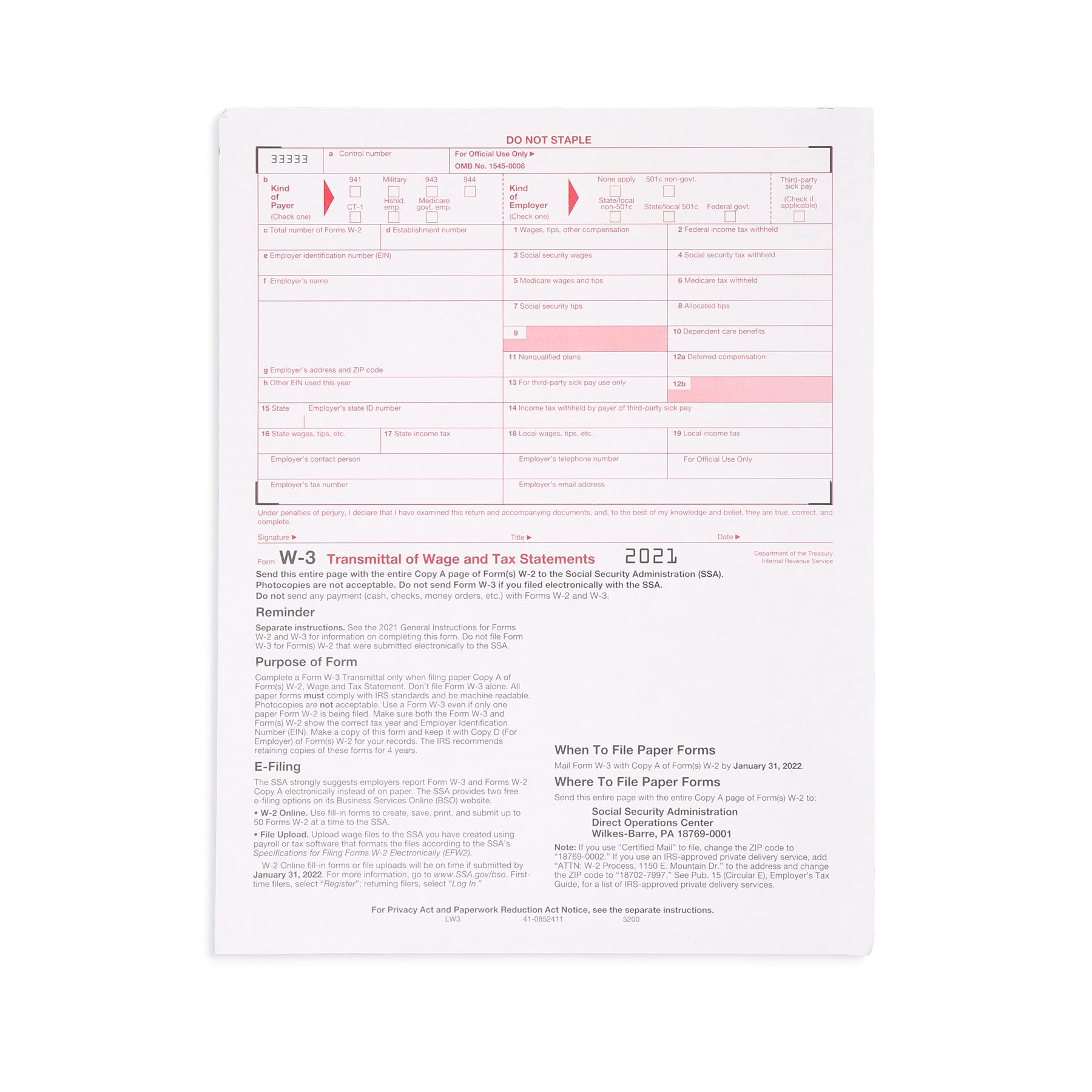 Blue Summit SuppliesW3 Transmittal Tax Forms 2020, 10 Form W-3 Summary Laser Forms for Transmittal of Wage and Tax Statements, W-3 Forms, Compatible with QuickBooks and Accounting Software, 10 Pack