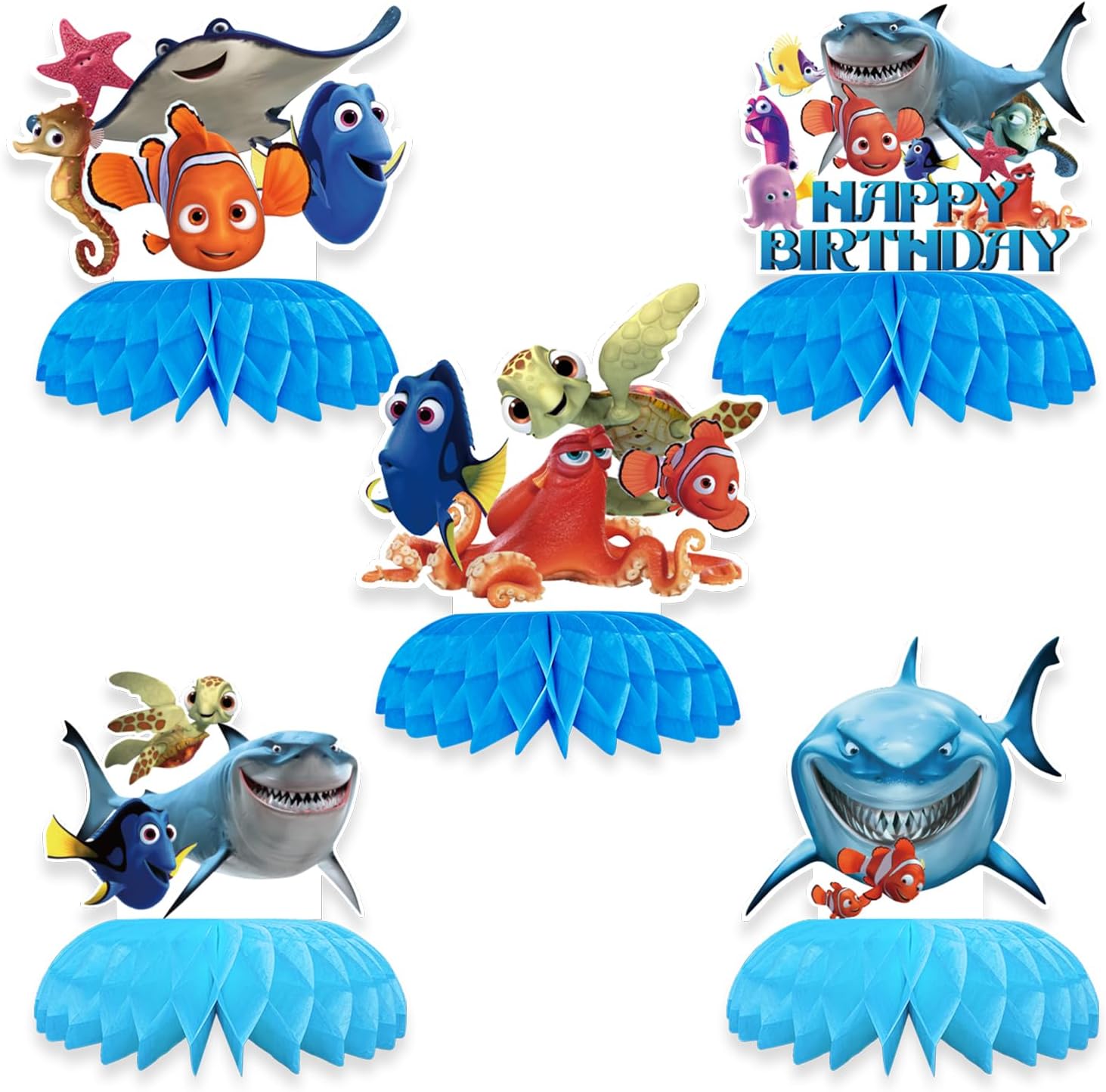 5Pcs Finding Nemo Party supplies set Honeycomb Centerpieces Double Sided Table Topper for Finding Nemo Birthday Party Decorations