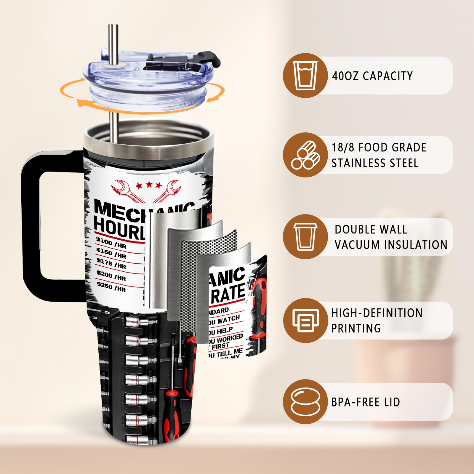 DUUV Mechanic Gifts, Mechanic Tumbler 40 Oz, Stainless Steel Insulated Mug, Christmas Thanksgiving Birthday Gifts for Mechanics Car Enthusiasts, Funny Coffee Travel Mug for Auto Repair Workers, 1PCS