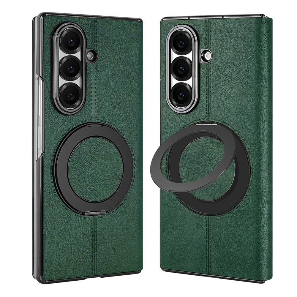 Magnetyczny obrotowy uchwyt pierścieniowy 360°, skórzany pokrowiec z klapką do Samsunga Galaxy Z Fold 7 6, odporny na wstrząsy, zielony, do Samsunga Galaxy Z Fold 7