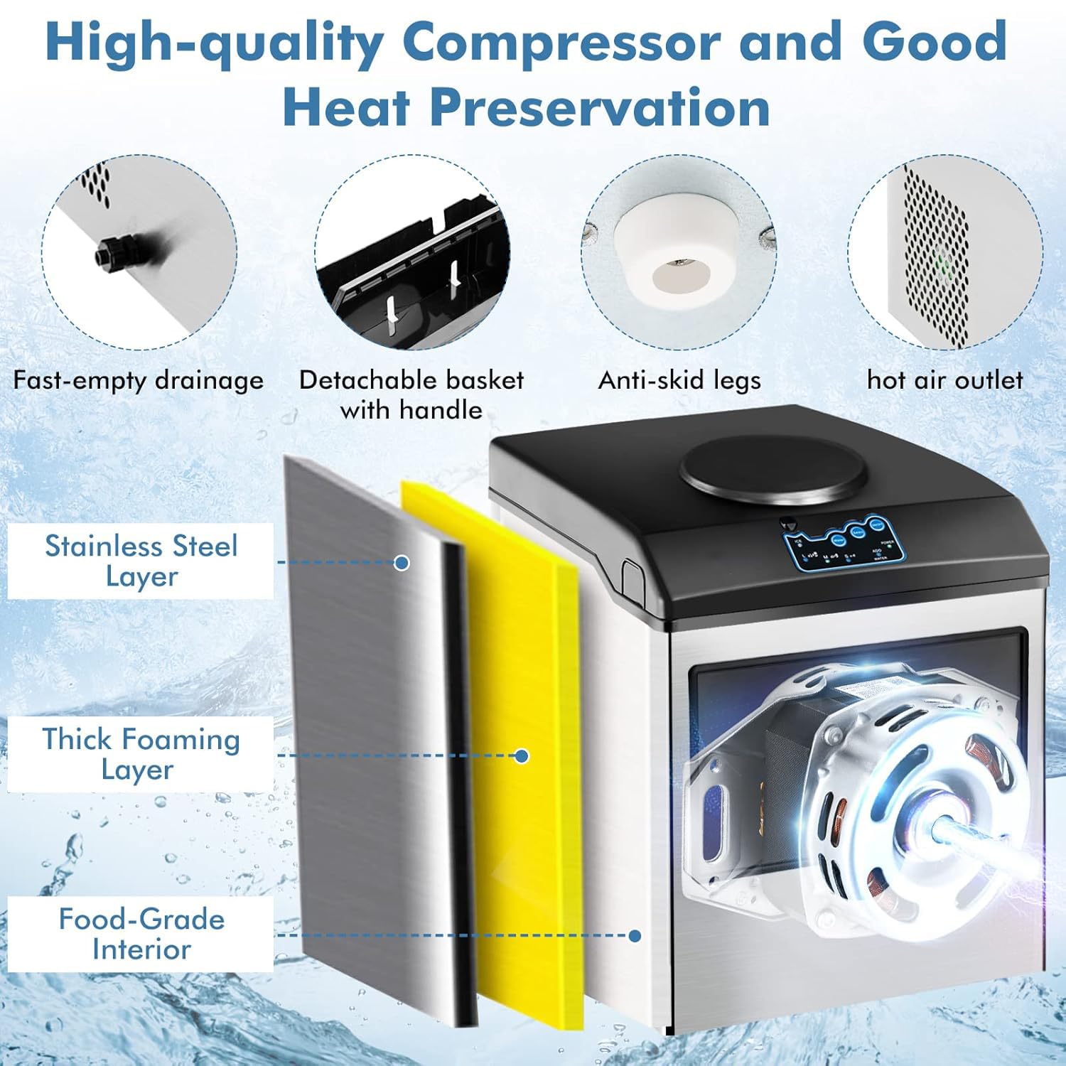 Macchina per il produttore di ghiaccio 48LBS Daily Ice in 8 minuti Distributore di acqua fredda in acciaio senza insalate Auto-Piene per Home Office Bar Par Quick Freeze Efficiente Cestino di sto incl