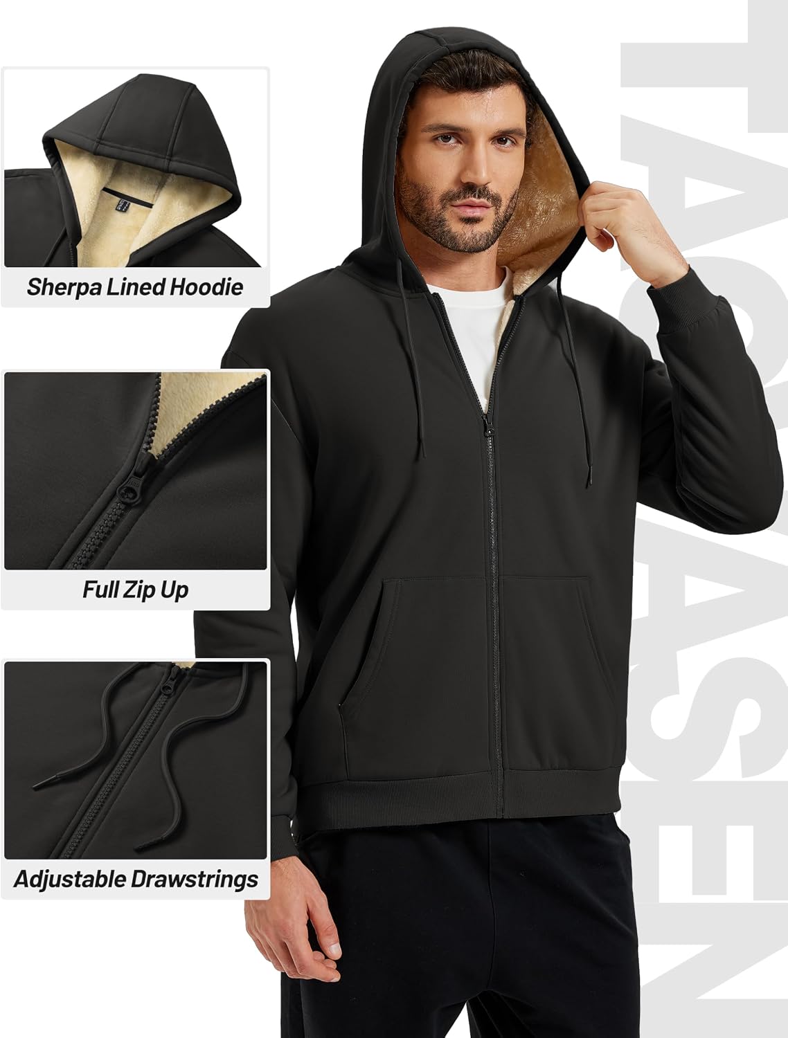 TACVASEN Men's Sherpa Lined Hoodie Full Zip Up Midweight Sweatshirt Warm Thick Fleece Cotton Winter Jacket