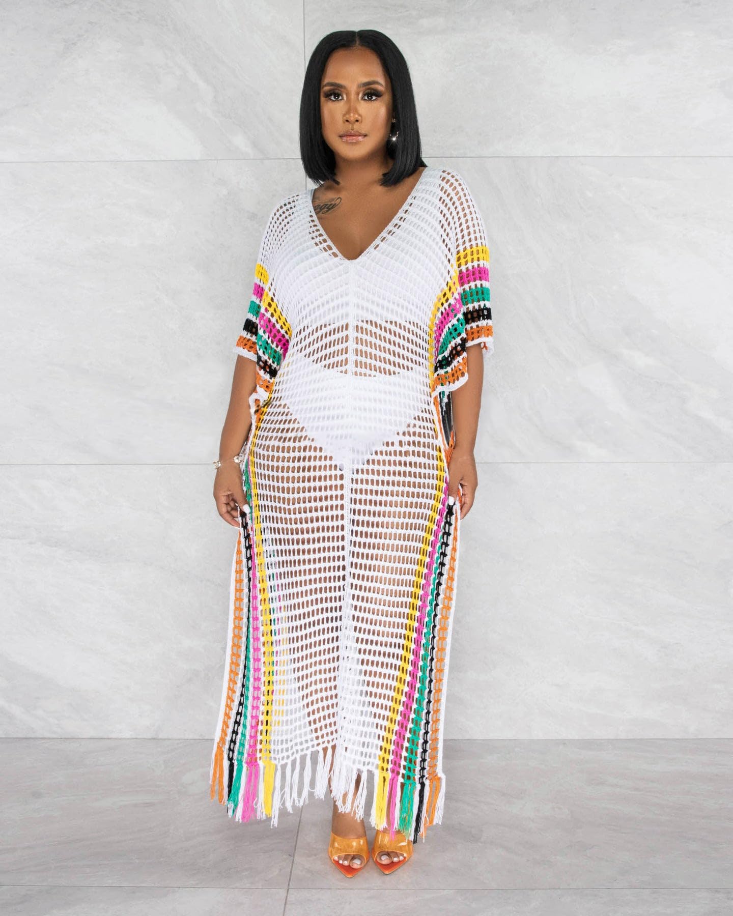 BFFBABY Costume da bagno da donna traforato all'uncinetto estivo da bagno in maglia a rete lungo maxi abito da vacanza