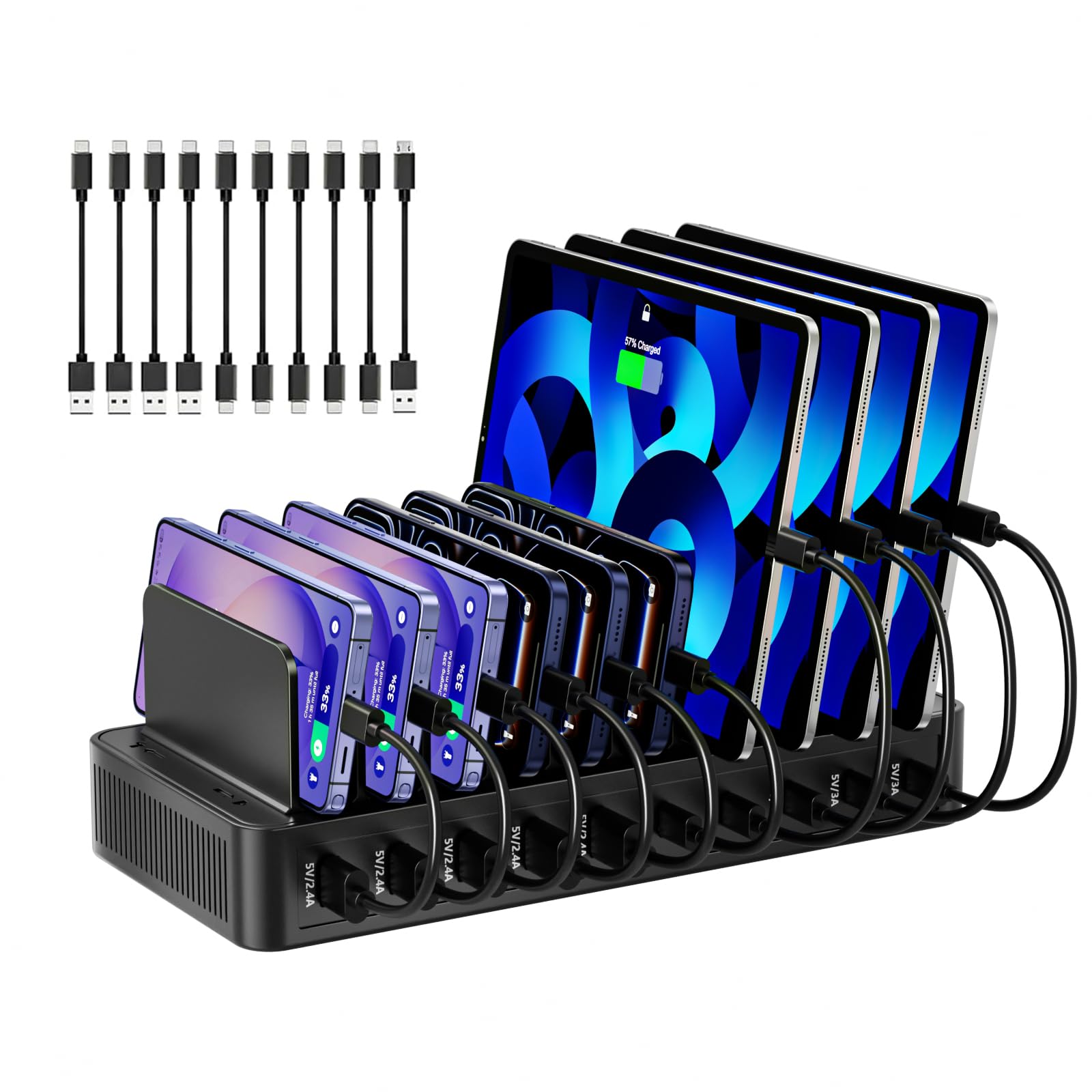 Stazione di ricarica USB-C da 100 W con 10 porte, caricatore per dispositivi multipiattaforma, splitter regolabile rimovibile, 5 USB-A + 5 USB-C, compatibile iPhone/Samsung/Google/Tablet