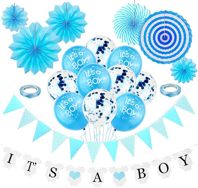 DOJoykey Baby Shower Party Decoration, ITS A BOY Banner and Latex Balloons, Blue Bunting, 6pcs Paper Fans, 5pcs Balloons with Inner Confetti for Baby Boy Party