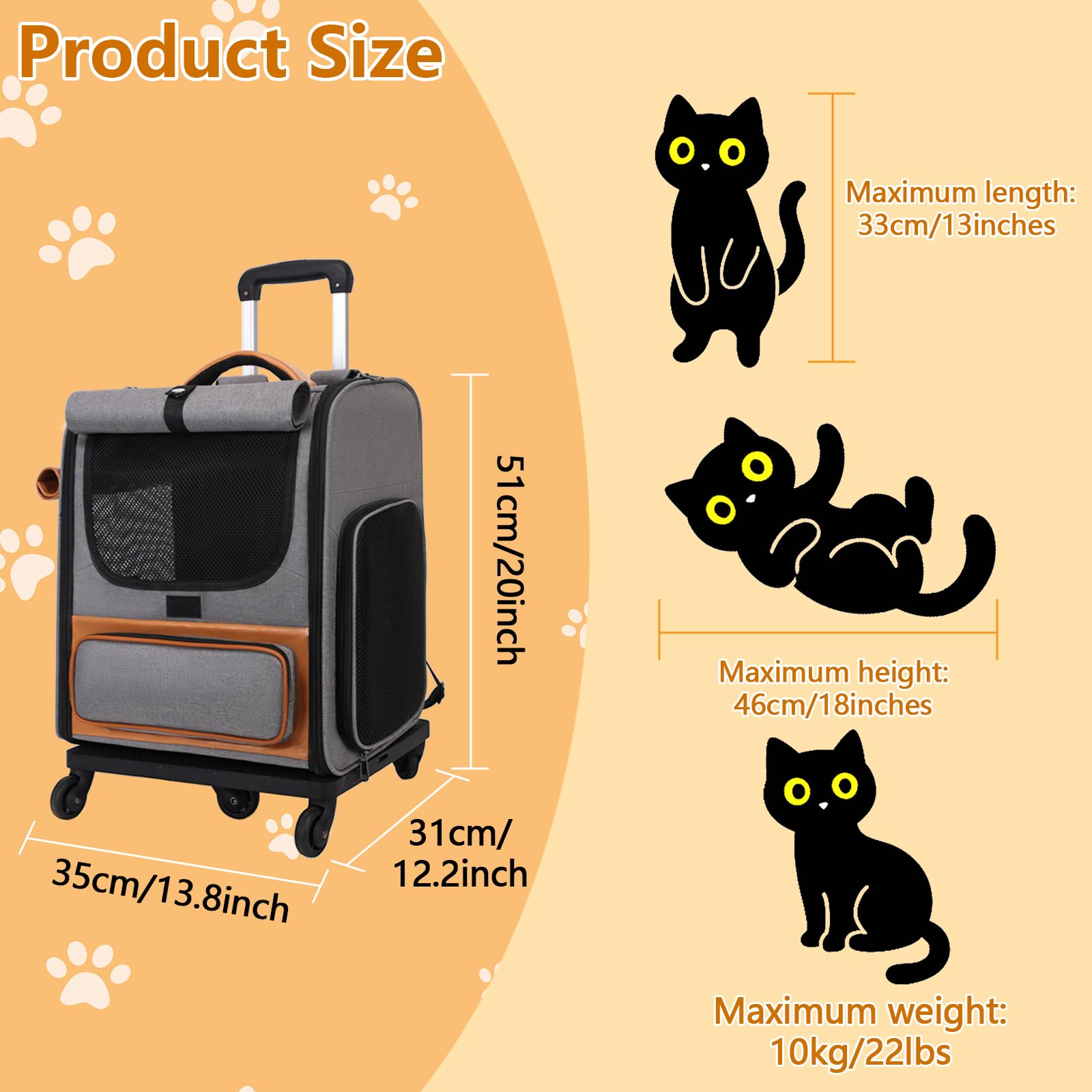 3-in-1 Katzenrucksack mit Rädern, Abnehmbaren Hunderucksack mit Sonnenschutzrollos, Belüftetes Design, Herausnehmbarer Matte, Faltbarer Hundetrolley,Transportbox Katze bis 10 kg