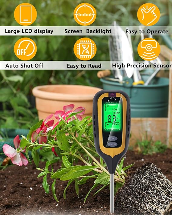 Soil Moisture Meter Digital, 4 in 1 Soil Tester withTemperature/pH/Moisture/Sunlight, Soil Testing Kit for Garden, Farm Outdoor/indoor (Black)