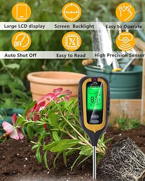 Soil Moisture Meter Digital, 4 in 1 Soil Tester withTemperature/pH/Moisture/Sunlight, Soil Testing Kit for Garden, Farm Outdoor/indoor (Black)