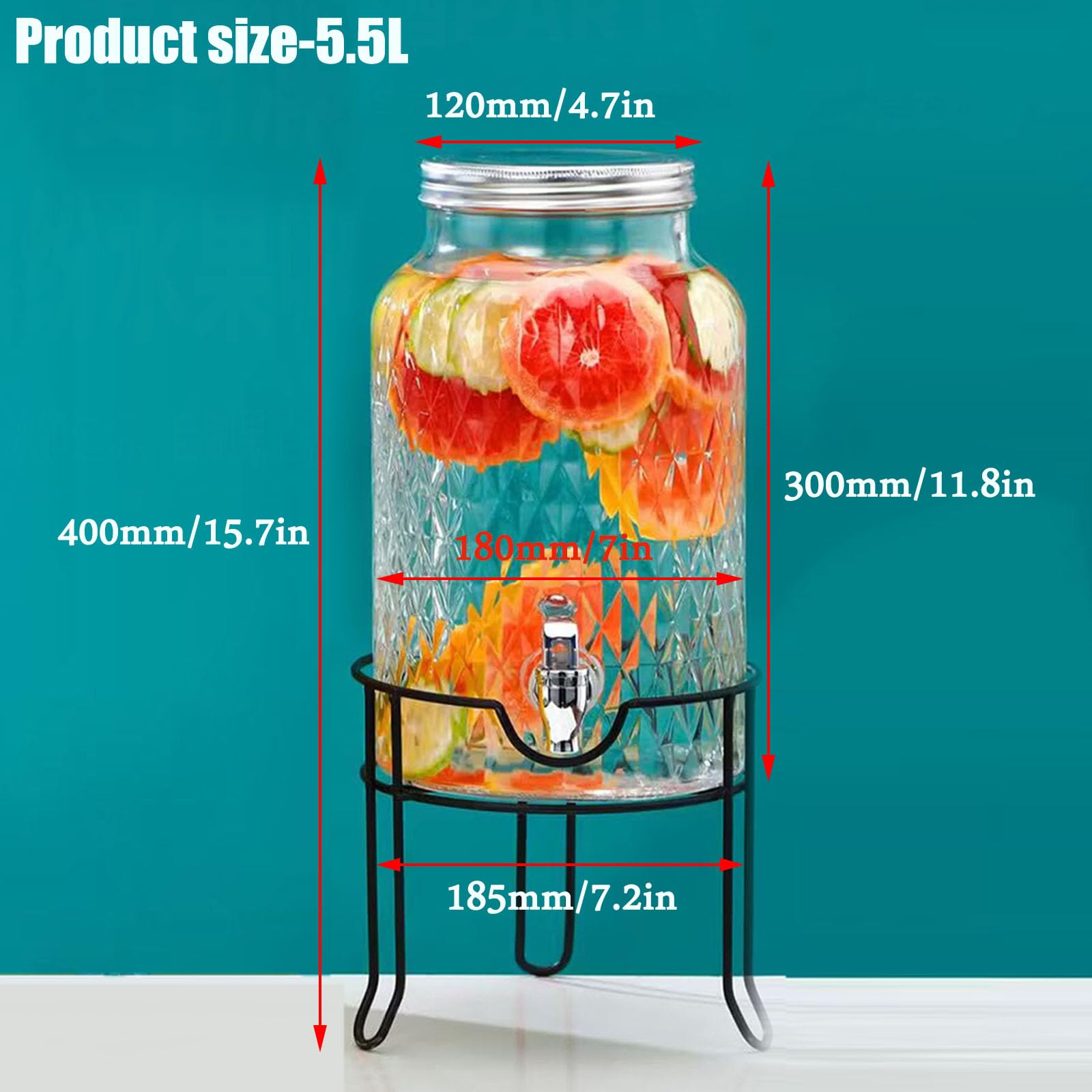 Glaskaraffe,Glaskaraffe Mit Deckel,Glaskrug Mit Wasserhahn Und Deckel Aus,Getränkekaraffe Glaskrug Für Kalt & Heiß Wasser Eistee Kaffee Milch Saft,Rhombus a+Bracket,5.5L