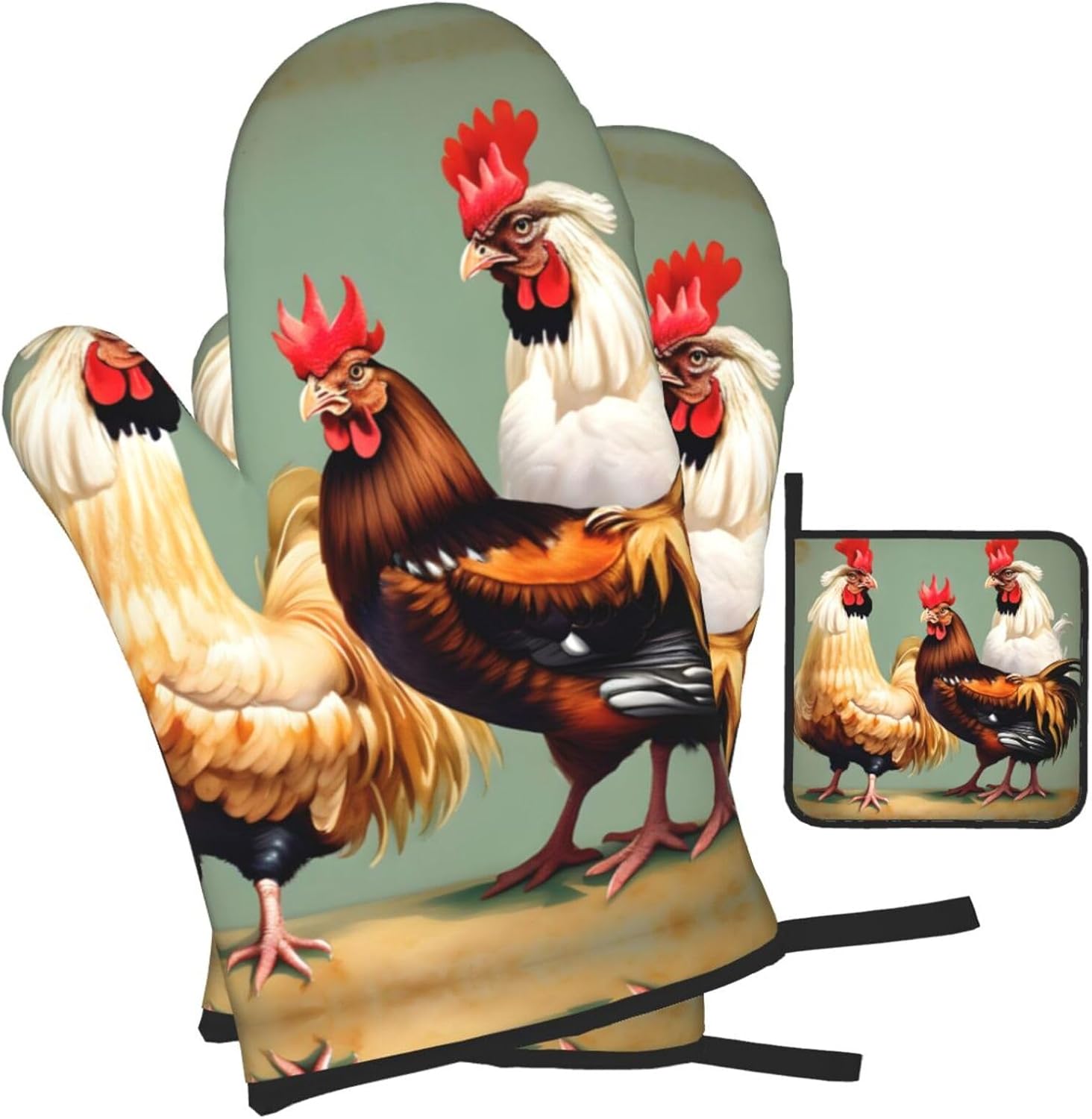 Rooster and Chicken Print Print Heat Resistant Microwave Gloves, Used for Baking, Cooking, and Fashion Kitchen Essentials