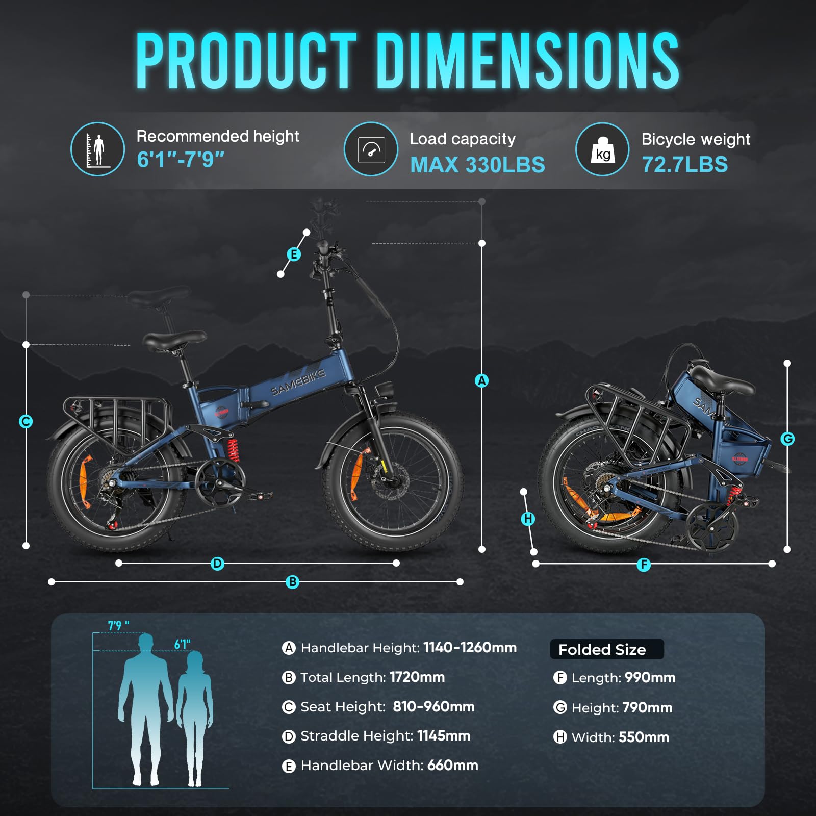 SAMEBIKE Bicicleta eléctrica Adulto A02Pro 100km autonomía 20"x4" Fat Bike electrica Plegable 48V 15Ah Batería Intercambiable Suspensión Delantera Bicicletas para IR al Trabajo de 7 velocidades