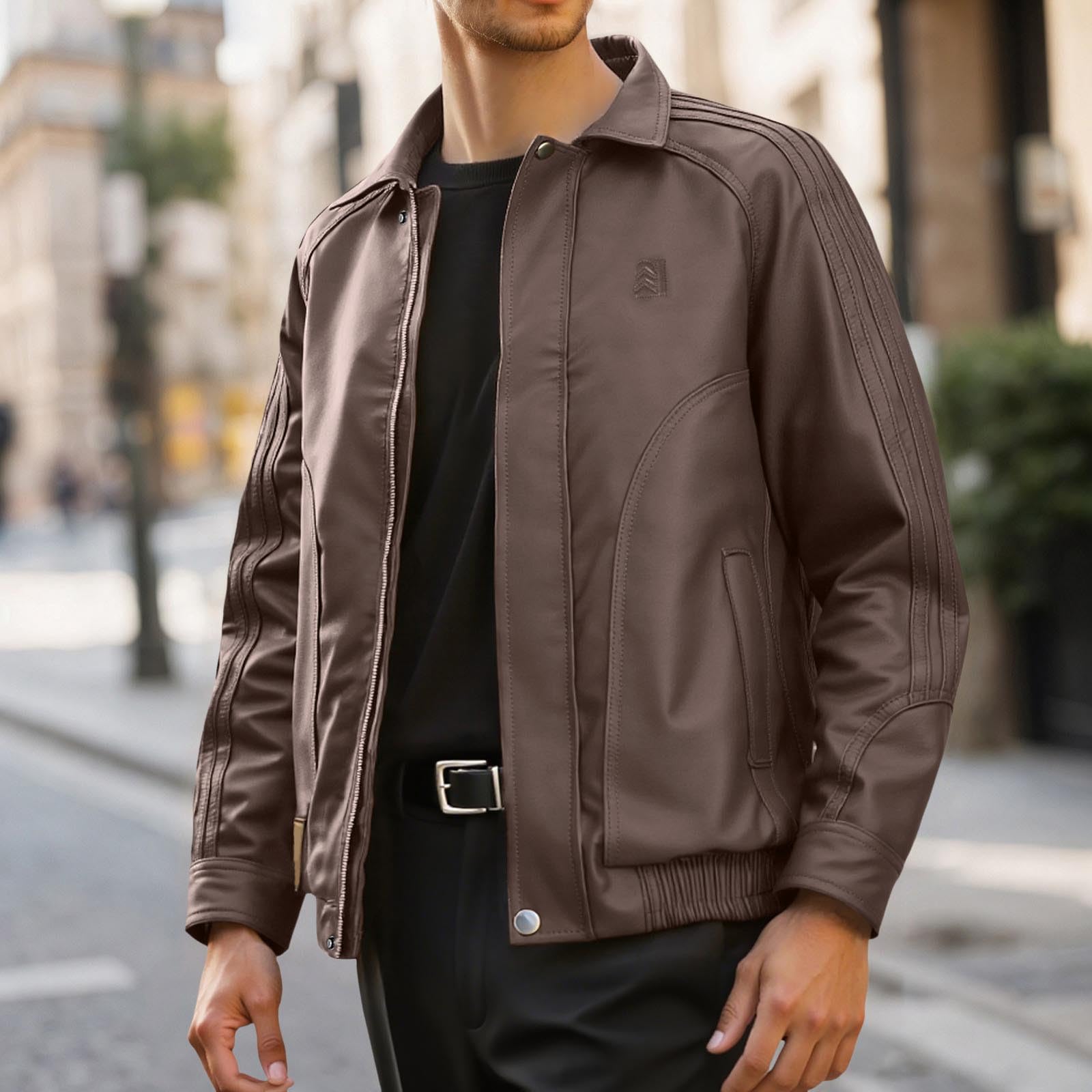 Generisch Giacca casual da uomo per motociclisti, in similpelle, vestibilità stretta, giacca sportiva morbida, colletto alto, classico, giacca da motociclista